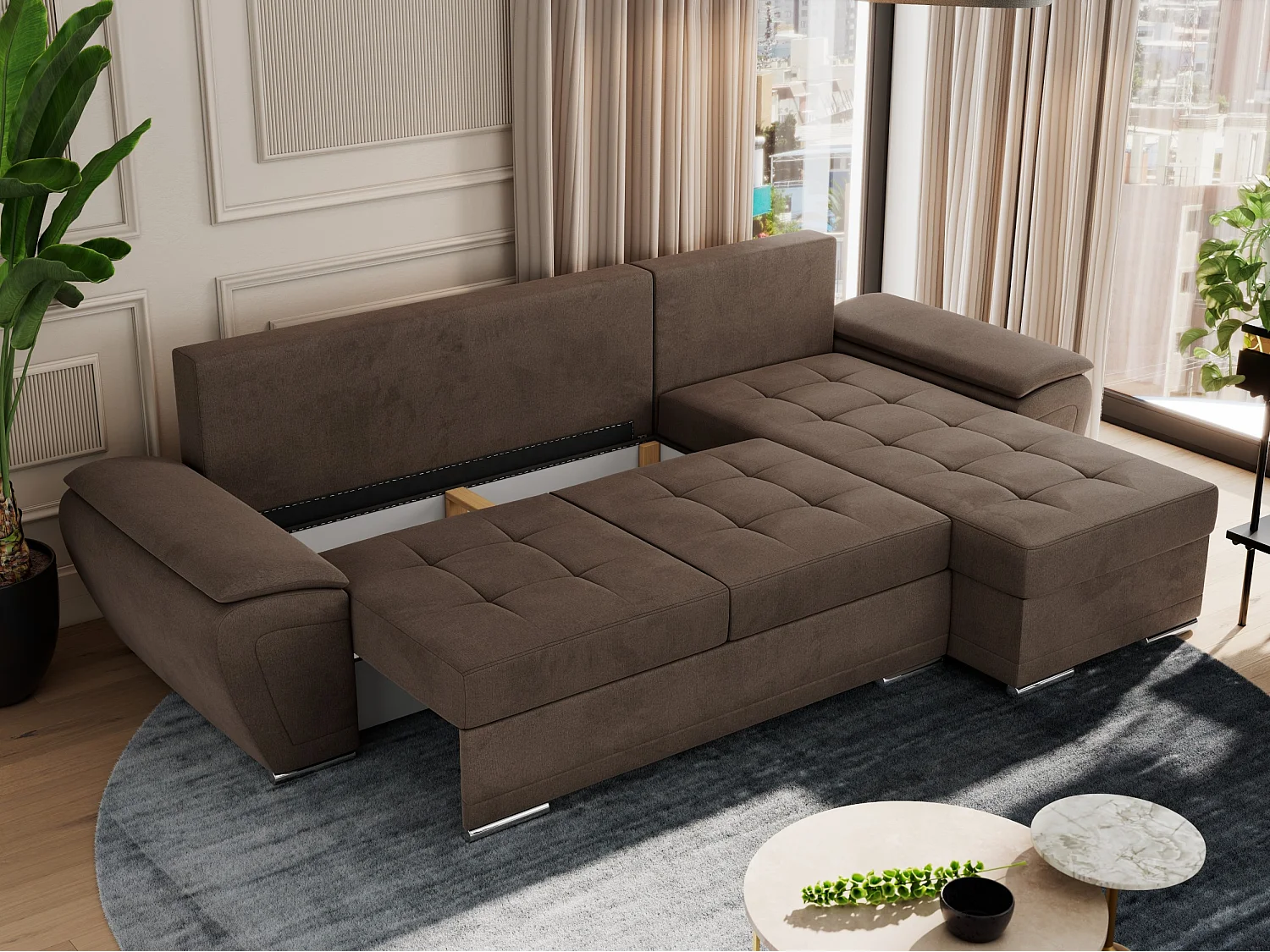 Ecksofa UMBRIA - universell L-form Couch, Schlaffunktion und Bettkasten, gesteppte Ecke - Braun Velvet