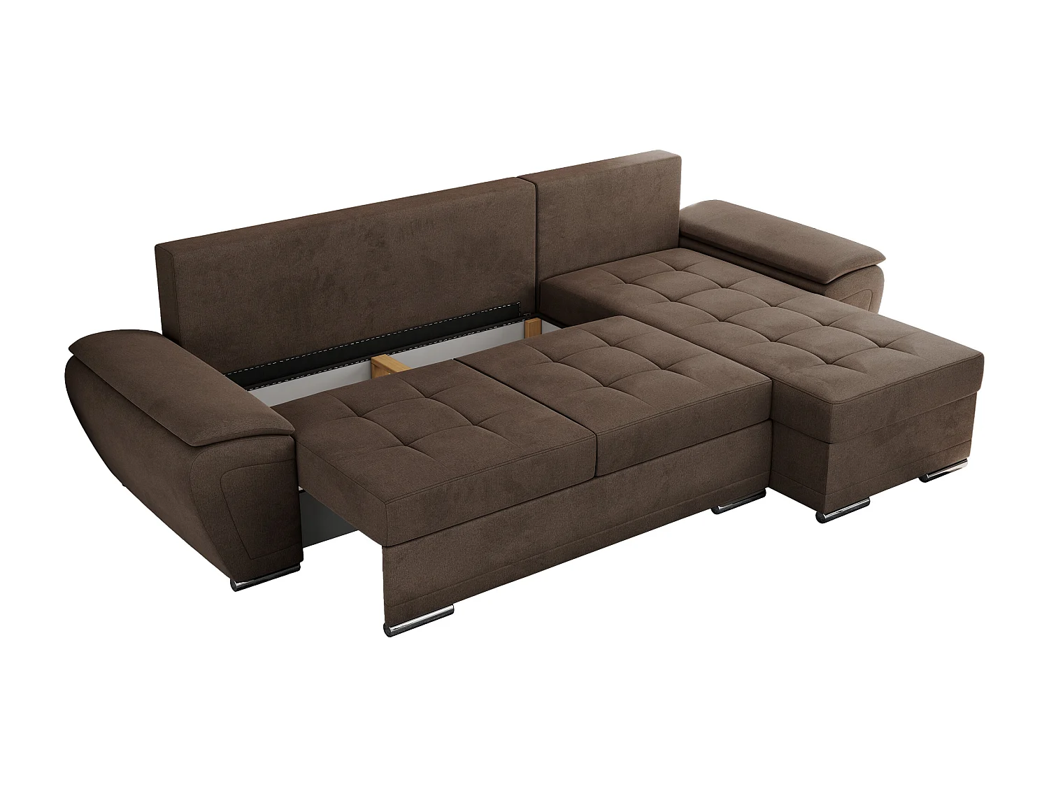 Ecksofa UMBRIA - universell L-form Couch, Schlaffunktion und Bettkasten, gesteppte Ecke - Braun Velvet