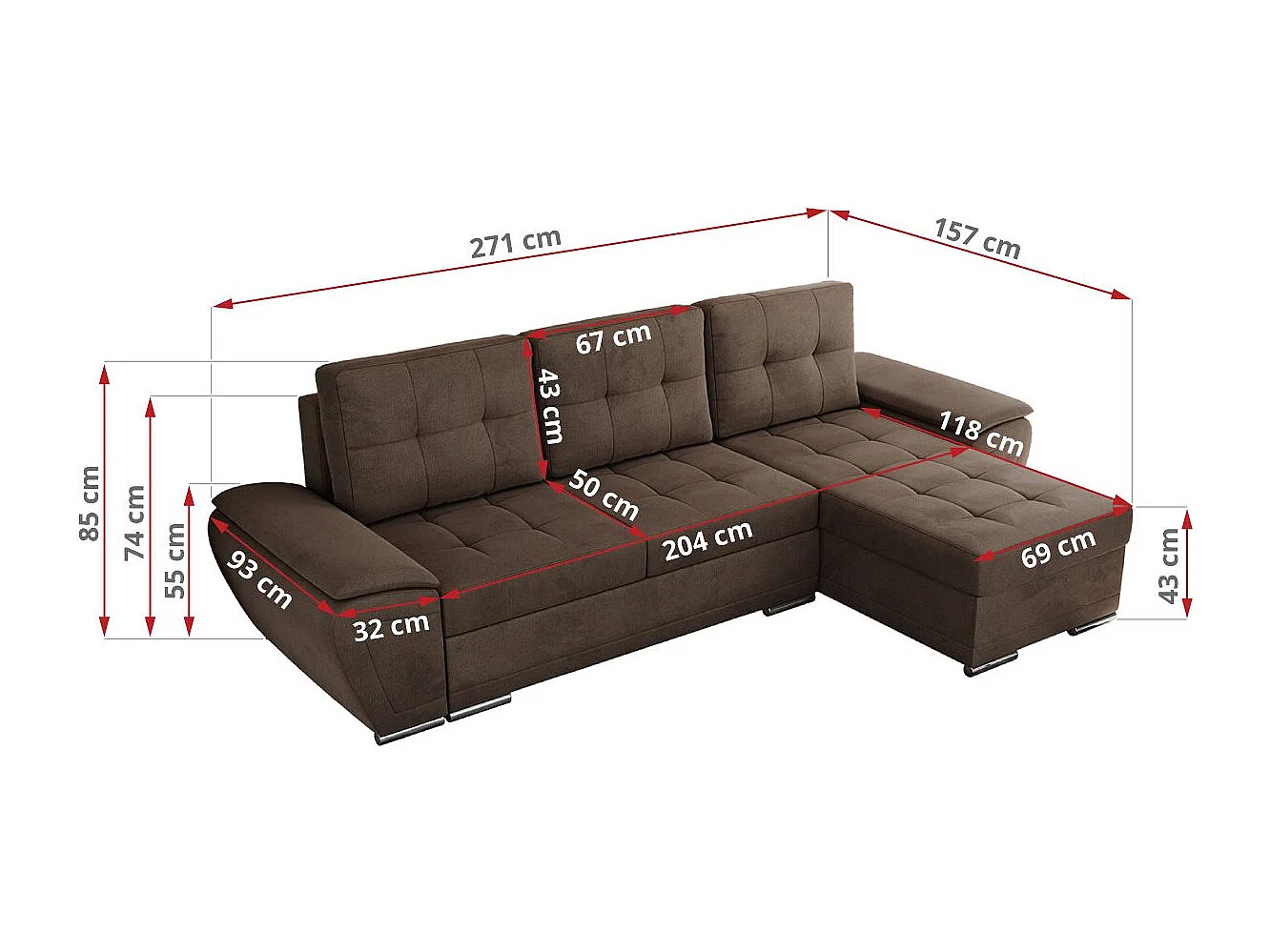 Ecksofa UMBRIA - universell L-form Couch, Schlaffunktion und Bettkasten, gesteppte Ecke - Braun Velvet