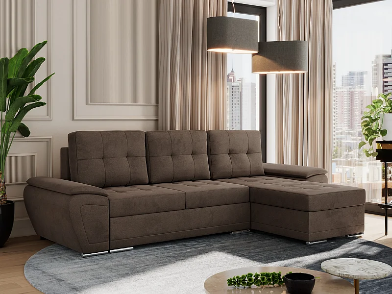 Ecksofa UMBRIA - universell L-form Couch, Schlaffunktion und Bettkasten, gesteppte Ecke - Braun Velvet