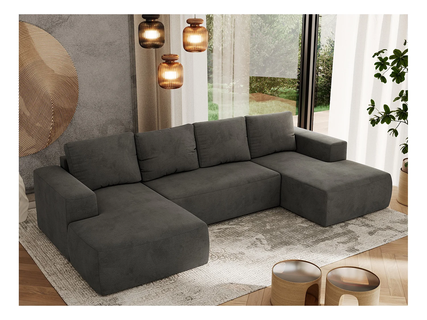 Ecksofa TRENTINO U - mit Schlaffunktion und Bettkasten, U-förmiges Wohnlandschaft, Armlehnen - Dunkelgrau Velvet