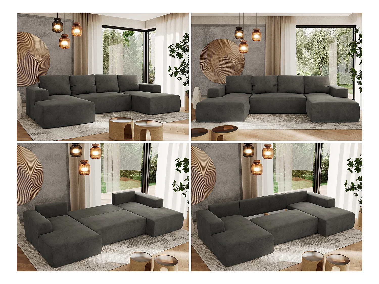Ecksofa TRENTINO U - mit Schlaffunktion und Bettkasten, U-förmiges Wohnlandschaft, Armlehnen - Dunkelgrau Velvet