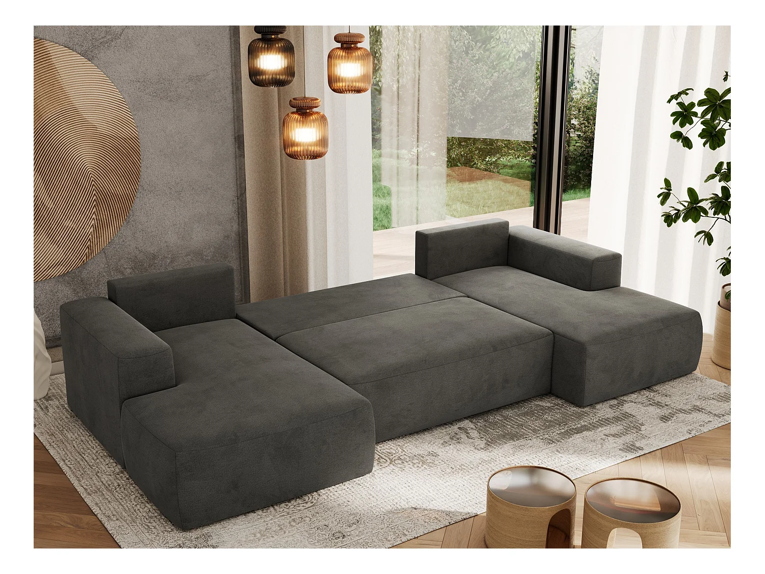 Ecksofa TRENTINO U - mit Schlaffunktion und Bettkasten, U-förmiges Wohnlandschaft, Armlehnen - Dunkelgrau Velvet