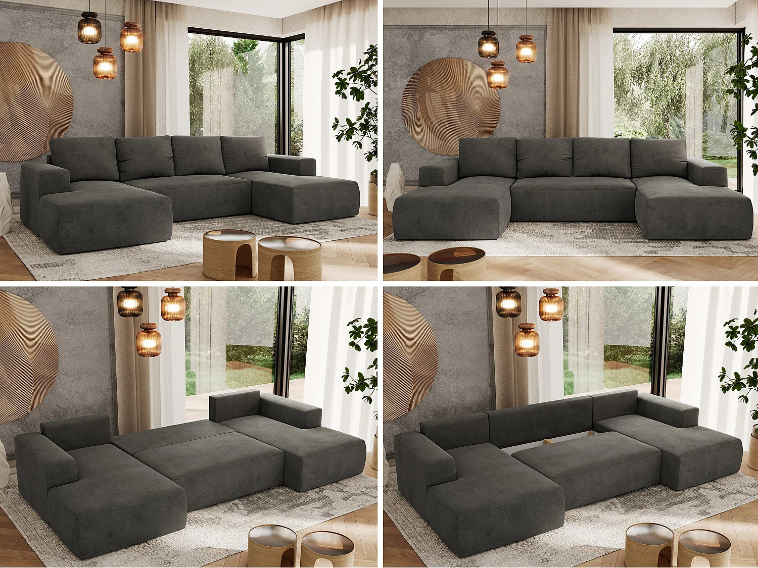 Ecksofa TRENTINO U - mit Schlaffunktion und Bettkasten, U-förmiges Wohnlandschaft, Armlehnen - Dunkelgrau Velvet