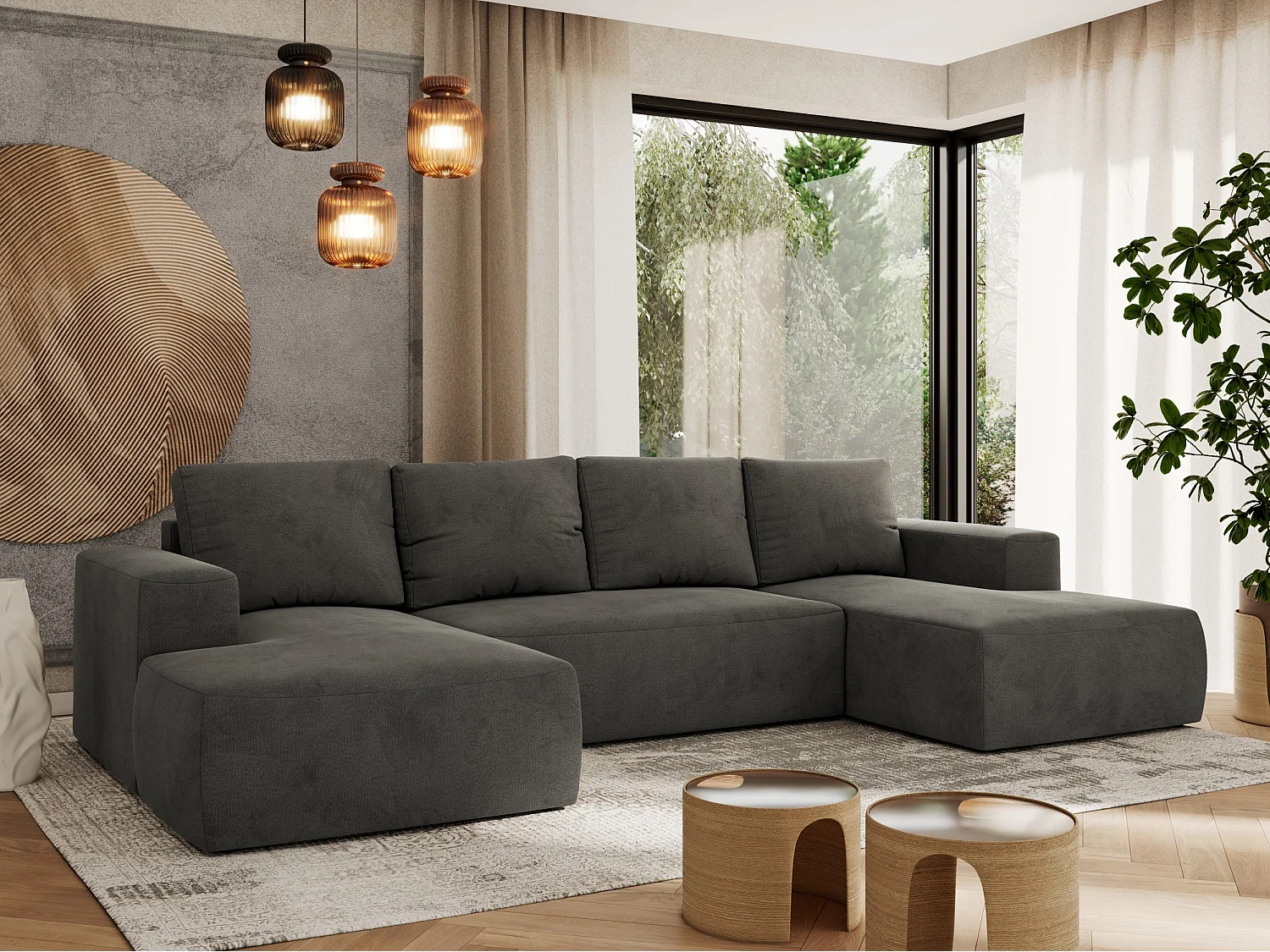 Ecksofa TRENTINO U - mit Schlaffunktion und Bettkasten, U-förmiges Wohnlandschaft, Armlehnen - Dunkelgrau Velvet
