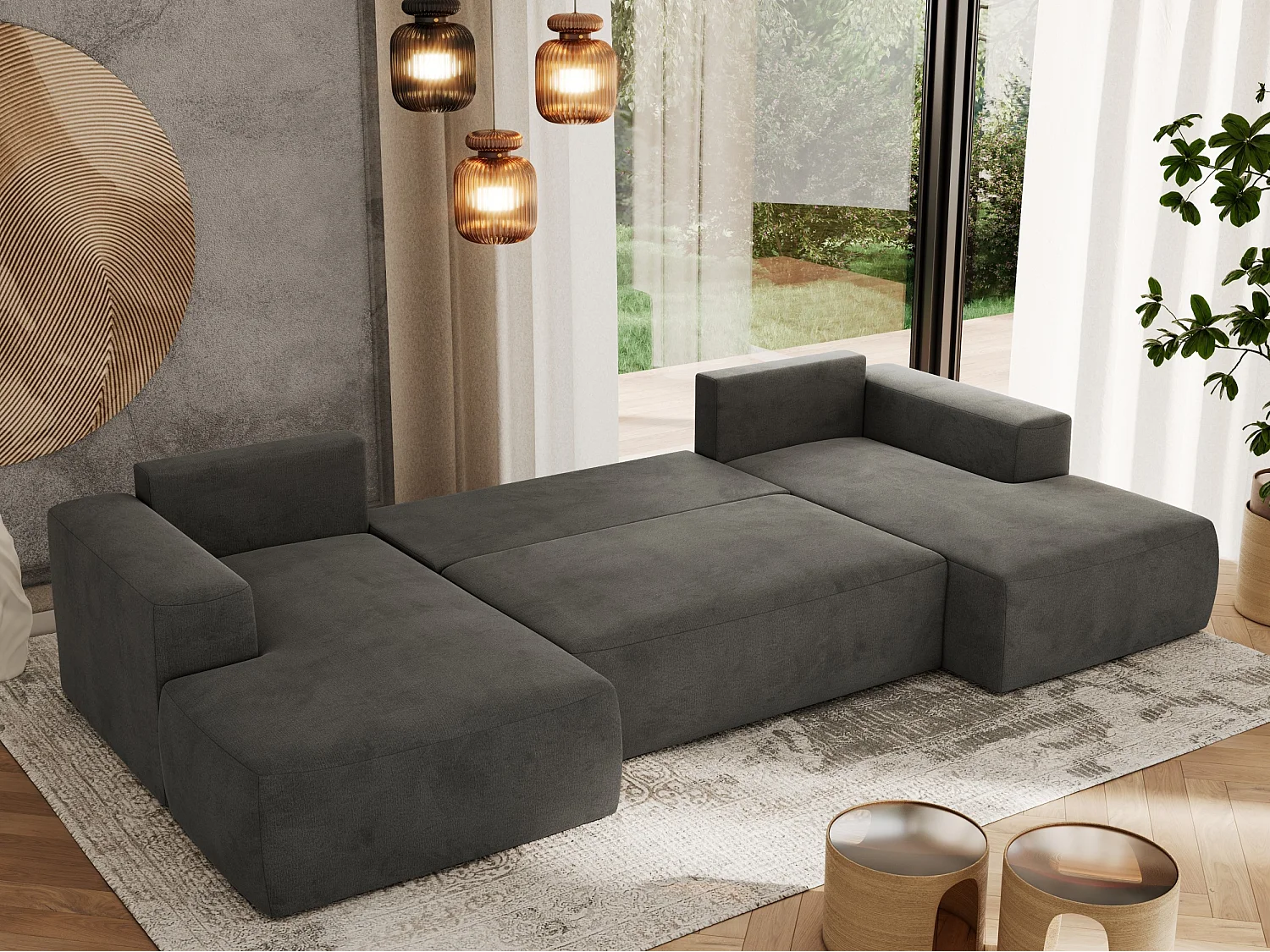 Ecksofa TRENTINO U - mit Schlaffunktion und Bettkasten, U-förmiges Wohnlandschaft, Armlehnen - Dunkelgrau Velvet