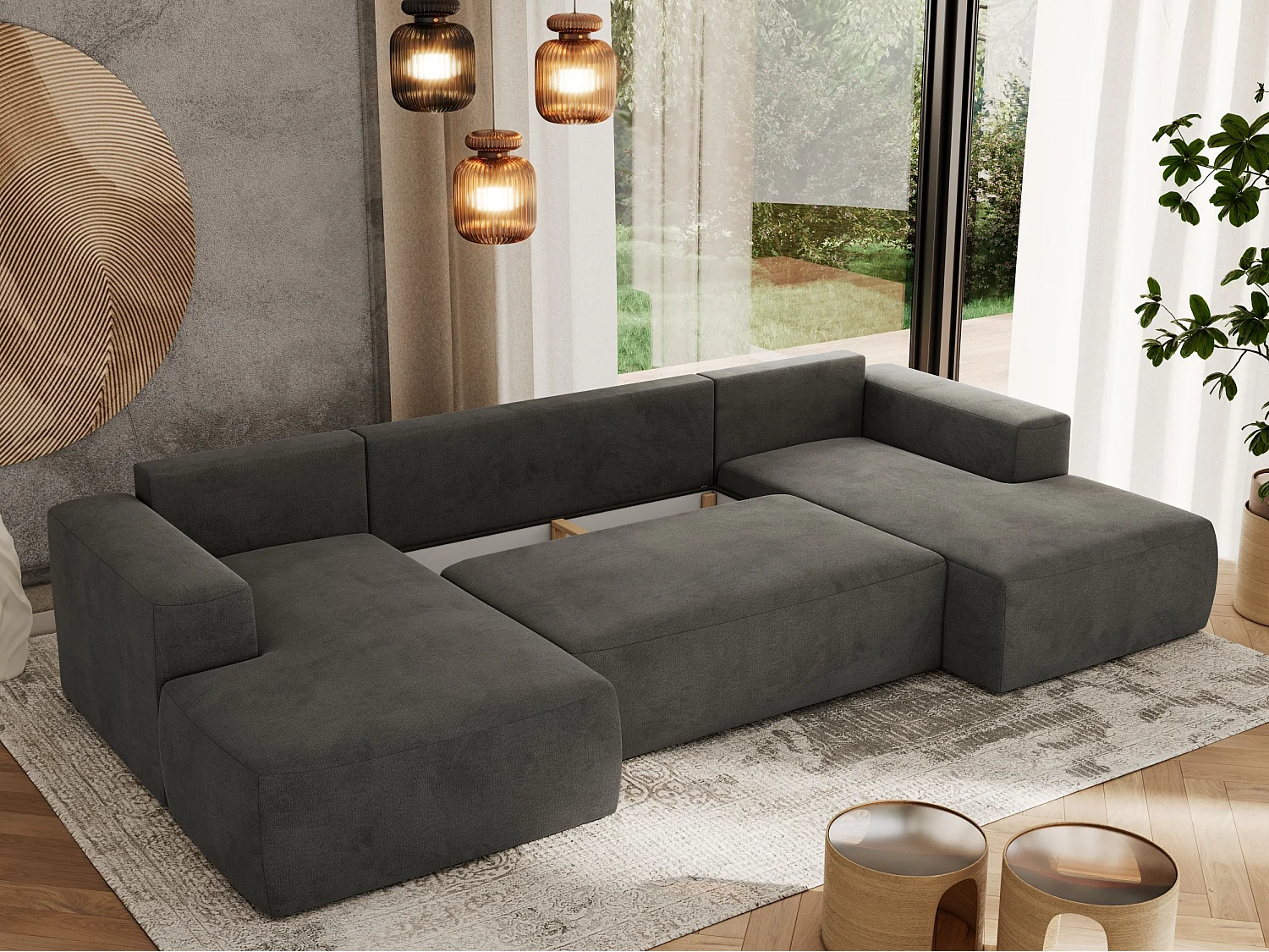 Ecksofa TRENTINO U - mit Schlaffunktion und Bettkasten, U-förmiges Wohnlandschaft, Armlehnen - Dunkelgrau Velvet