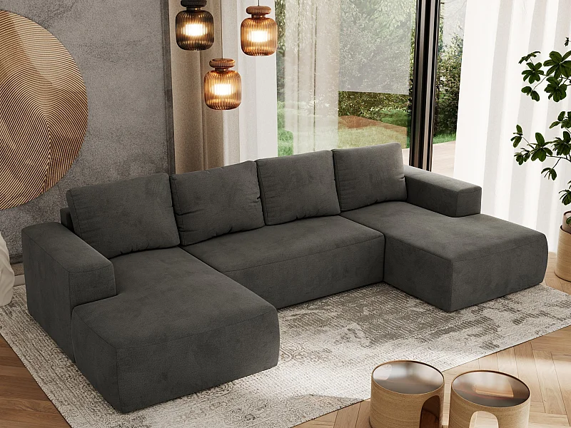 Ecksofa TRENTINO U - mit Schlaffunktion und Bettkasten, U-förmiges Wohnlandschaft, Armlehnen - Dunkelgrau Velvet