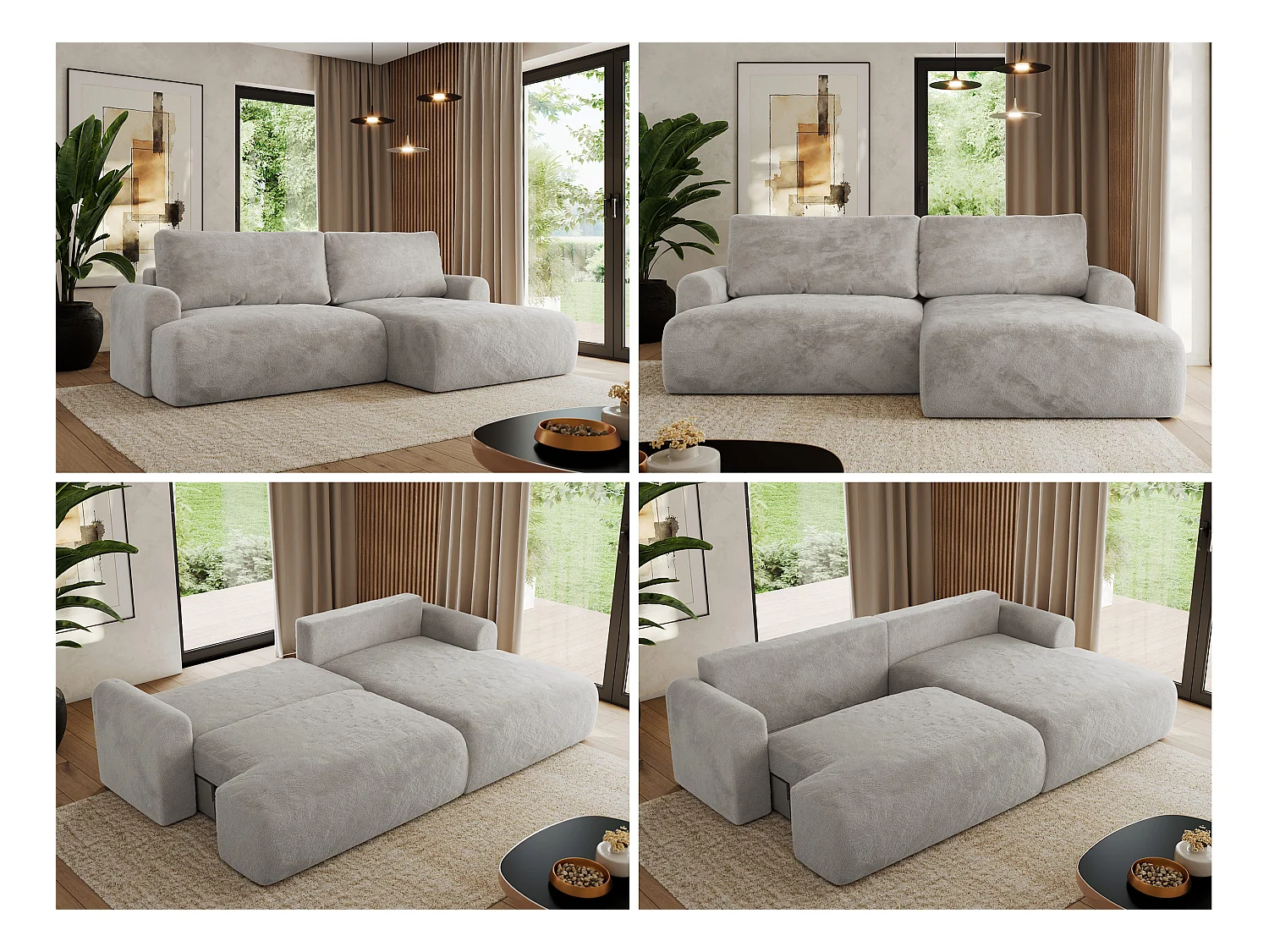 Ecksofa TONO - mit Schlaffunktion und Bettkasten, L-form Ecke, Armlehnen - Hellgrau Plüsch - Ecke Rechts