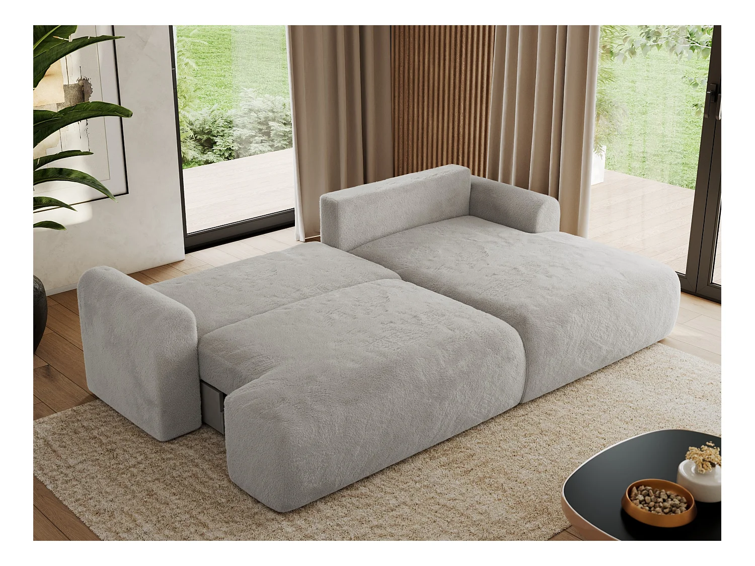 Ecksofa TONO - mit Schlaffunktion und Bettkasten, L-form Ecke, Armlehnen - Hellgrau Plüsch - Ecke Rechts