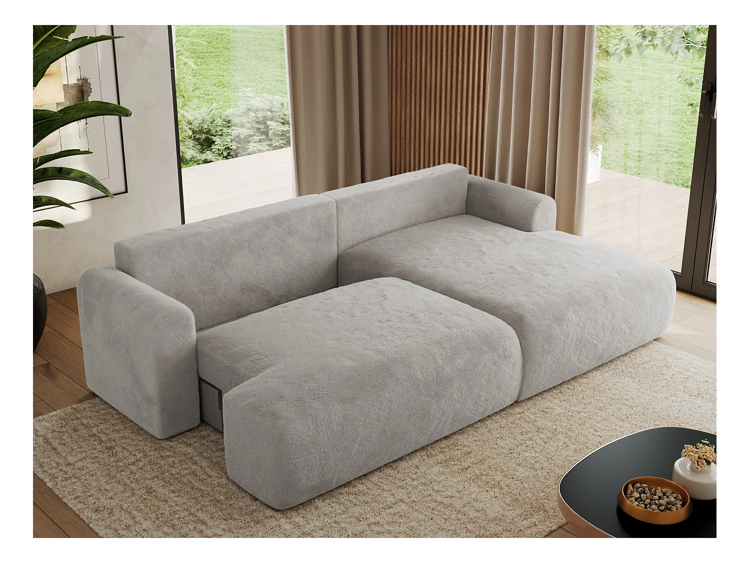 Ecksofa TONO - mit Schlaffunktion und Bettkasten, L-form Ecke, Armlehnen - Hellgrau Plüsch - Ecke Rechts