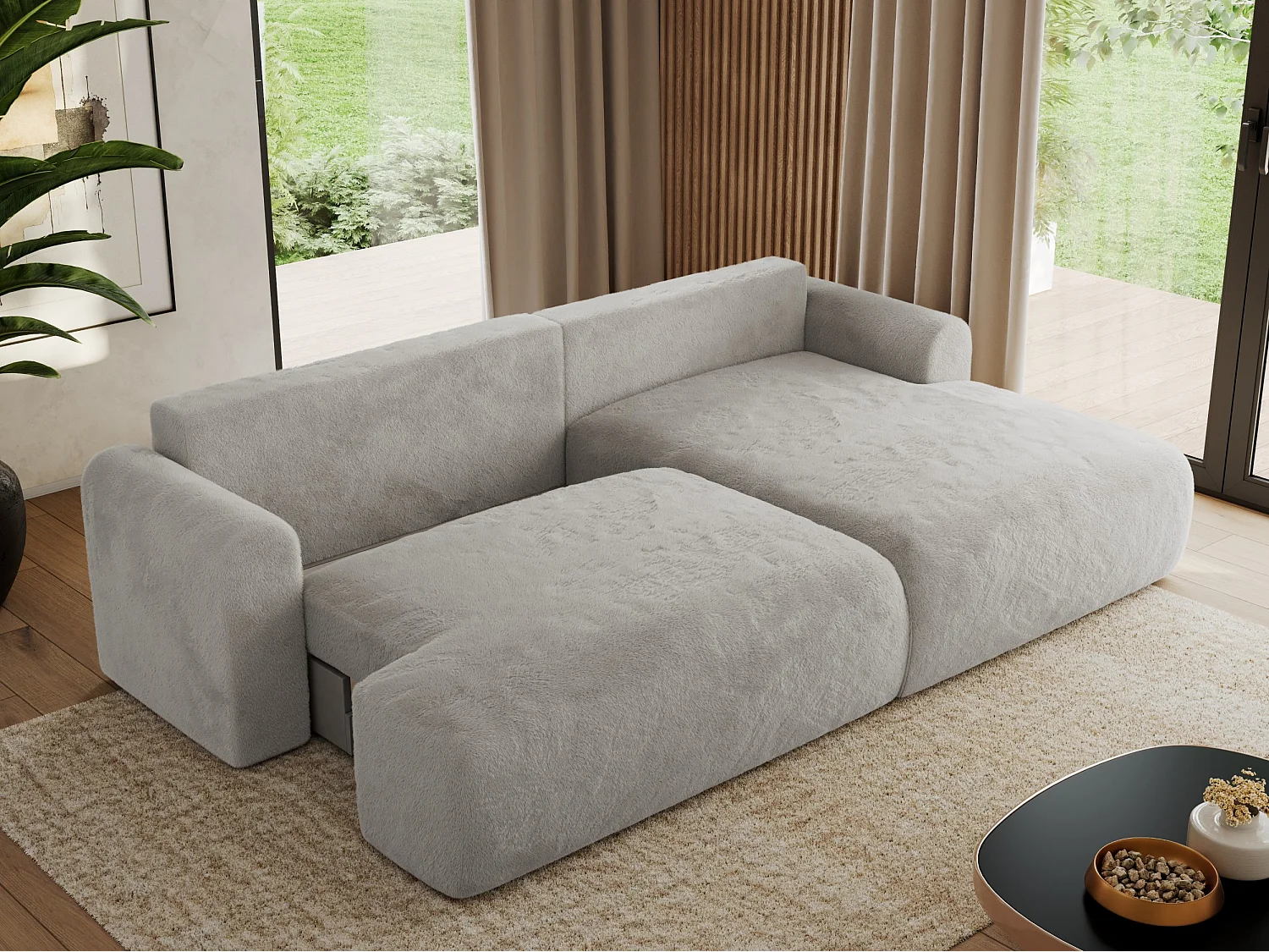 Ecksofa TONO - mit Schlaffunktion und Bettkasten, L-form Ecke, Armlehnen - Hellgrau Plüsch - Ecke Rechts