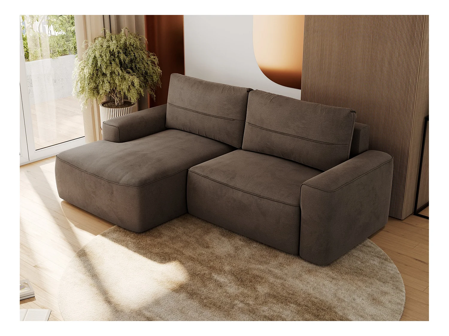 Ecksofa BELLUNO - Schlafsofa mit Bettkasten, Armlehnen, Couch L-form mit Schlaffunktion - Braun Velvet - Ecke Links