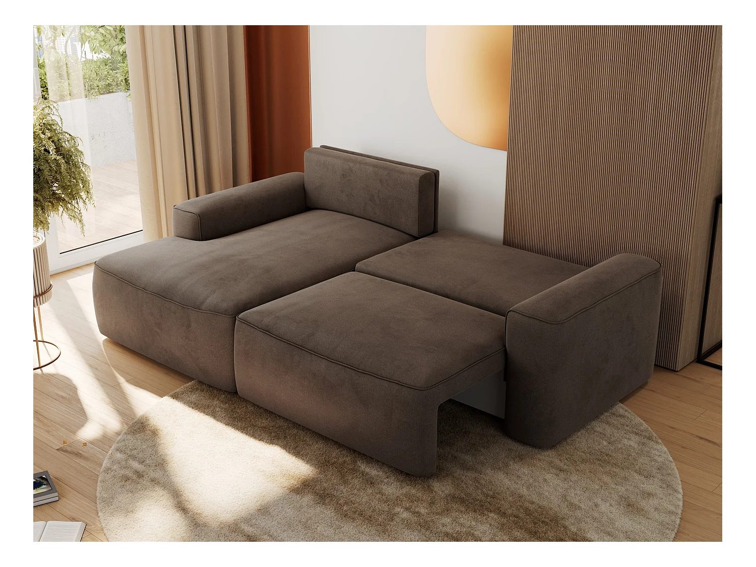 Ecksofa BELLUNO - Schlafsofa mit Bettkasten, Armlehnen, Couch L-form mit Schlaffunktion - Braun Velvet - Ecke Links