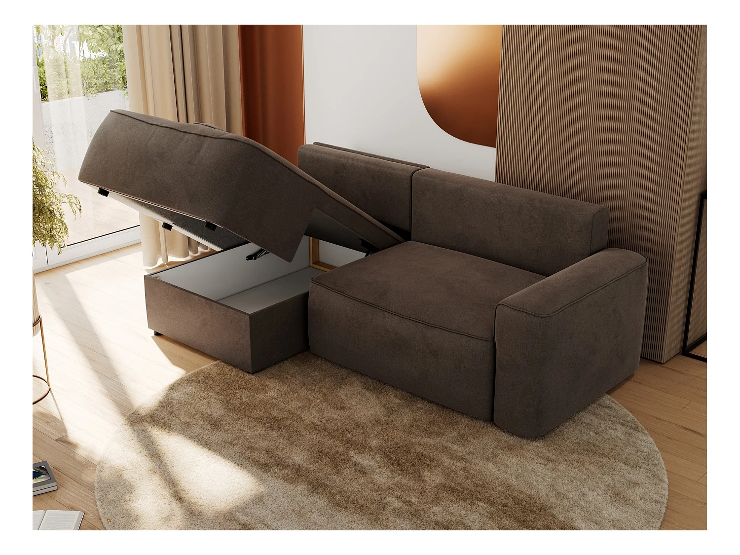 Ecksofa BELLUNO - Schlafsofa mit Bettkasten, Armlehnen, Couch L-form mit Schlaffunktion - Braun Velvet - Ecke Links