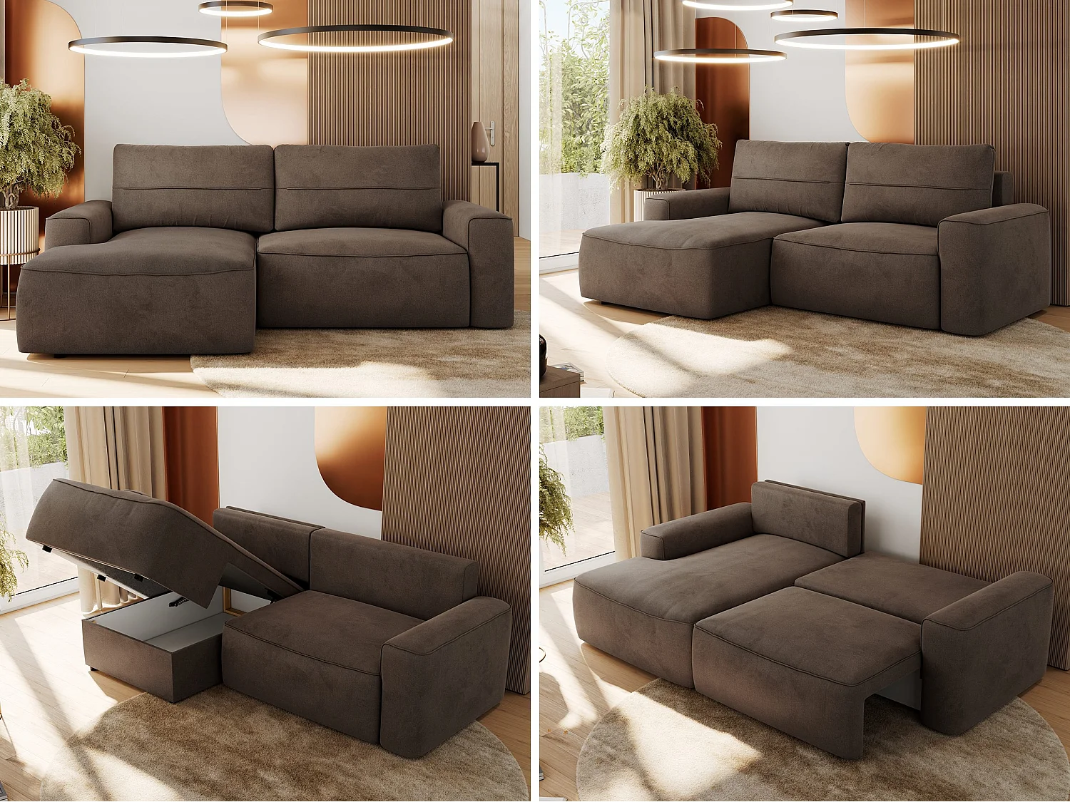 Ecksofa BELLUNO - Schlafsofa mit Bettkasten, Armlehnen, Couch L-form mit Schlaffunktion - Braun Velvet - Ecke Links