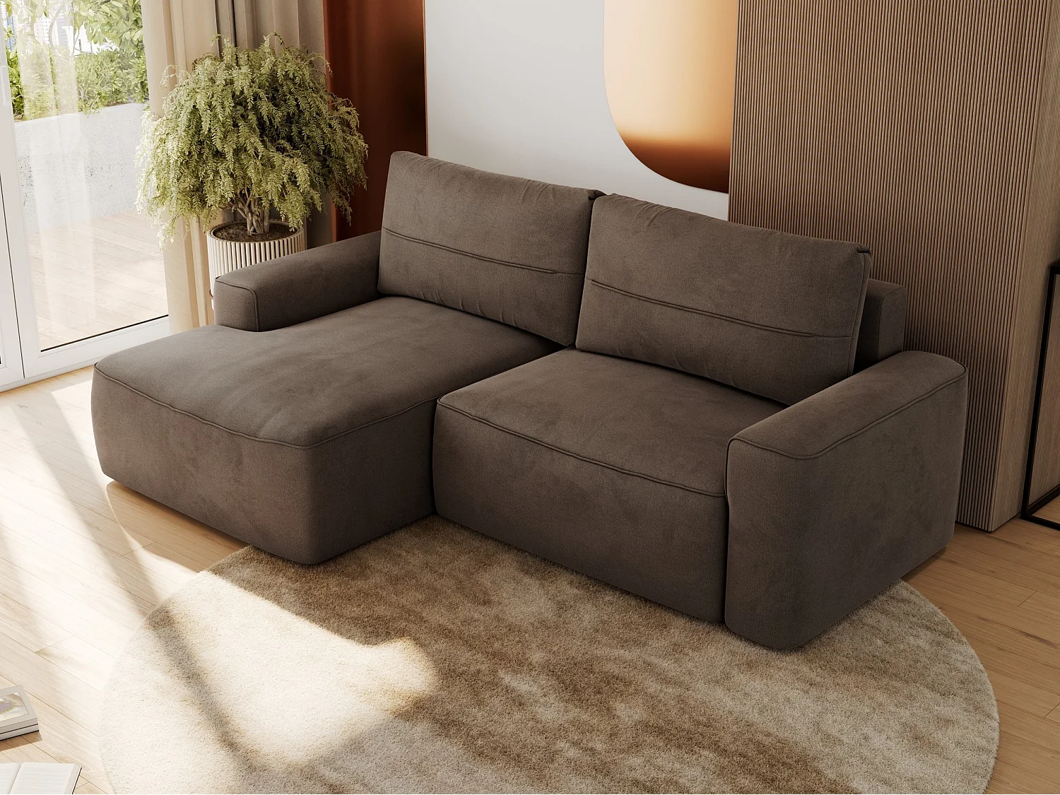 Ecksofa BELLUNO - Schlafsofa mit Bettkasten, Armlehnen, Couch L-form mit Schlaffunktion - Braun Velvet - Ecke Links