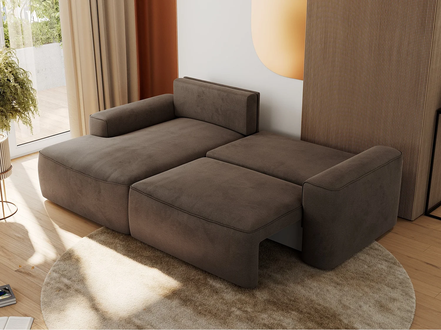 Ecksofa BELLUNO - Schlafsofa mit Bettkasten, Armlehnen, Couch L-form mit Schlaffunktion - Braun Velvet - Ecke Links