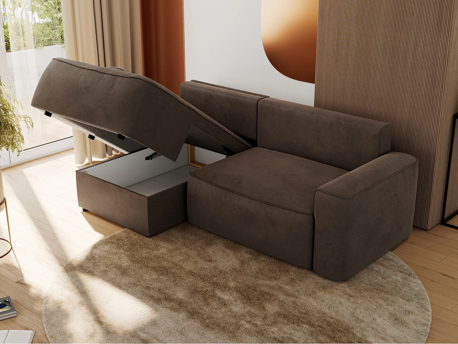 Ecksofa BELLUNO - Schlafsofa mit Bettkasten, Armlehnen, Couch L-form mit Schlaffunktion - Braun Velvet - Ecke Links