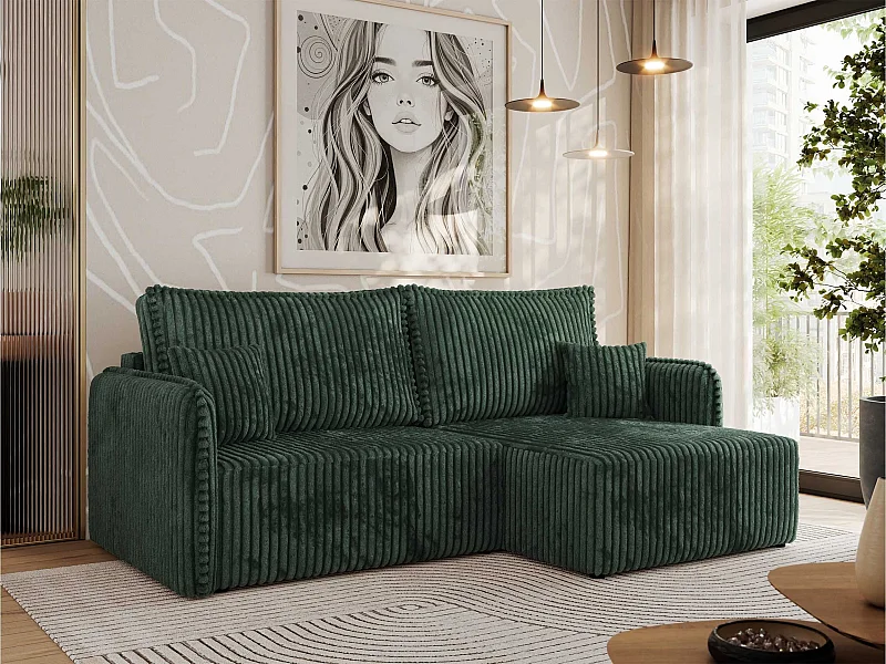 Ecksofa MESTO - Schlaffunktion und Bettkasten, L-form Couch für das Wohnzimmer, Armlehnen - Grün Cord - Ecke Rechts