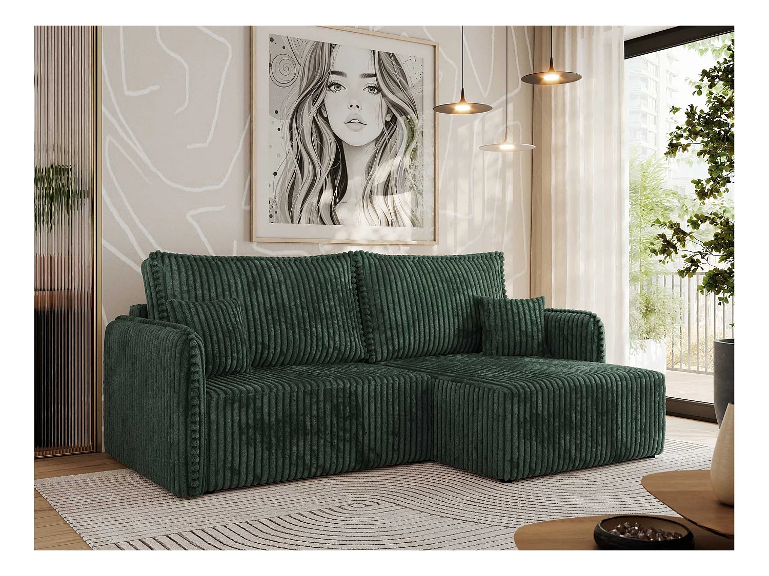Ecksofa MESTO - Schlaffunktion und Bettkasten, L-form Couch für das Wohnzimmer, Armlehnen - Grün Cord - Ecke Rechts