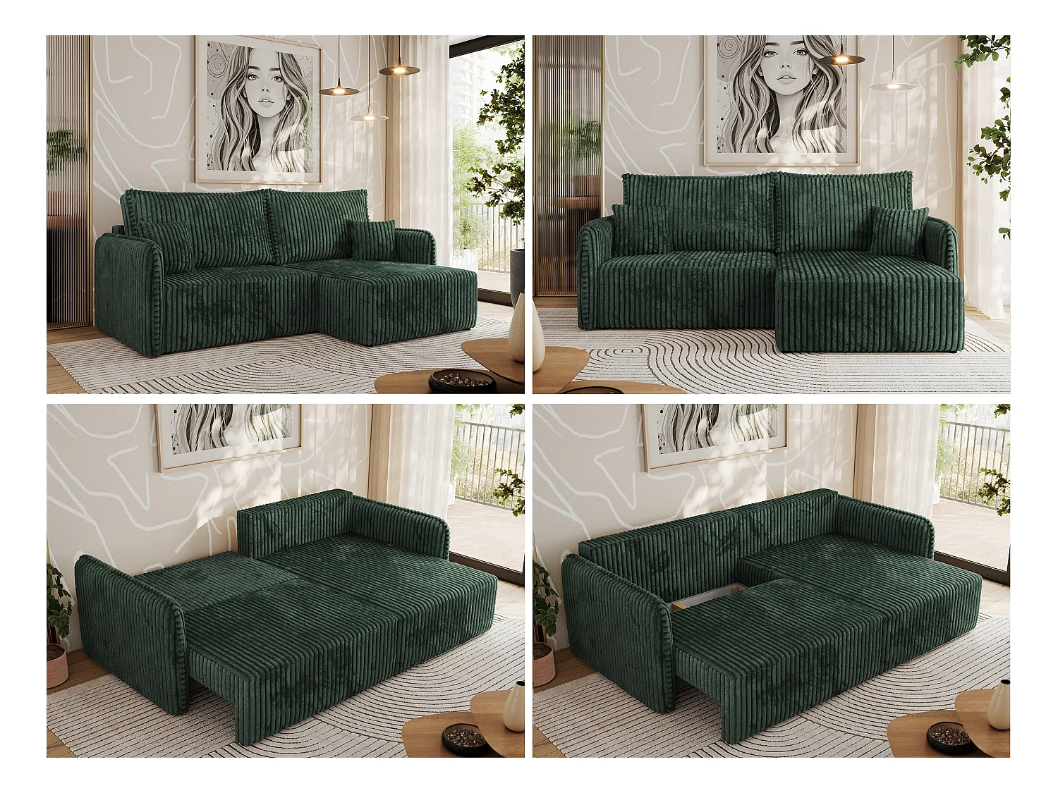 Ecksofa MESTO - Schlaffunktion und Bettkasten, L-form Couch für das Wohnzimmer, Armlehnen - Grün Cord - Ecke Rechts