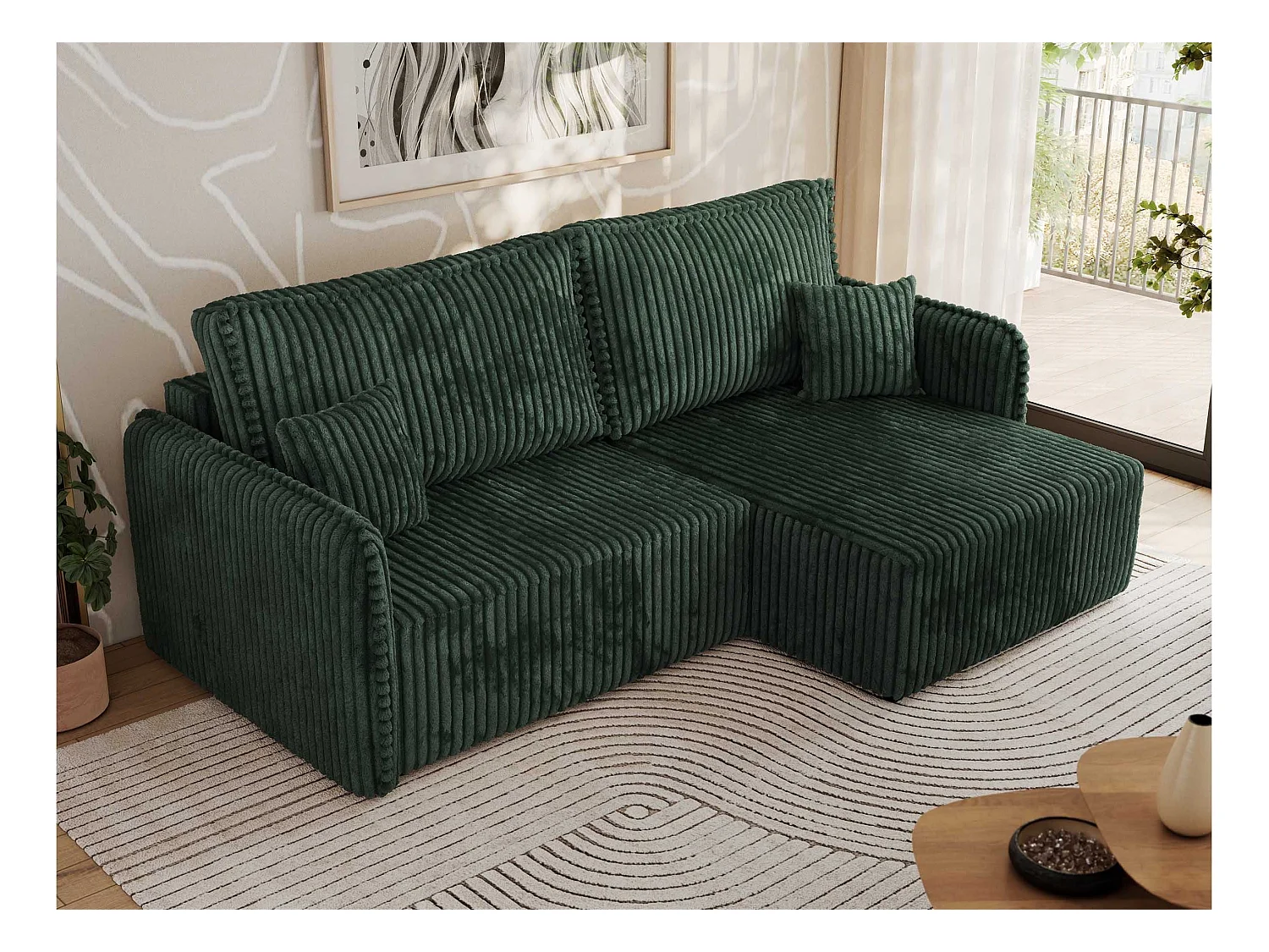 Ecksofa MESTO - Schlaffunktion und Bettkasten, L-form Couch für das Wohnzimmer, Armlehnen - Grün Cord - Ecke Rechts