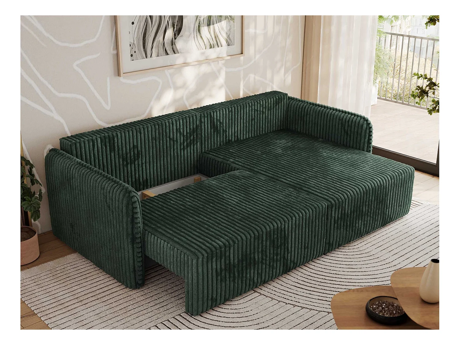 Ecksofa MESTO - Schlaffunktion und Bettkasten, L-form Couch für das Wohnzimmer, Armlehnen - Grün Cord - Ecke Rechts