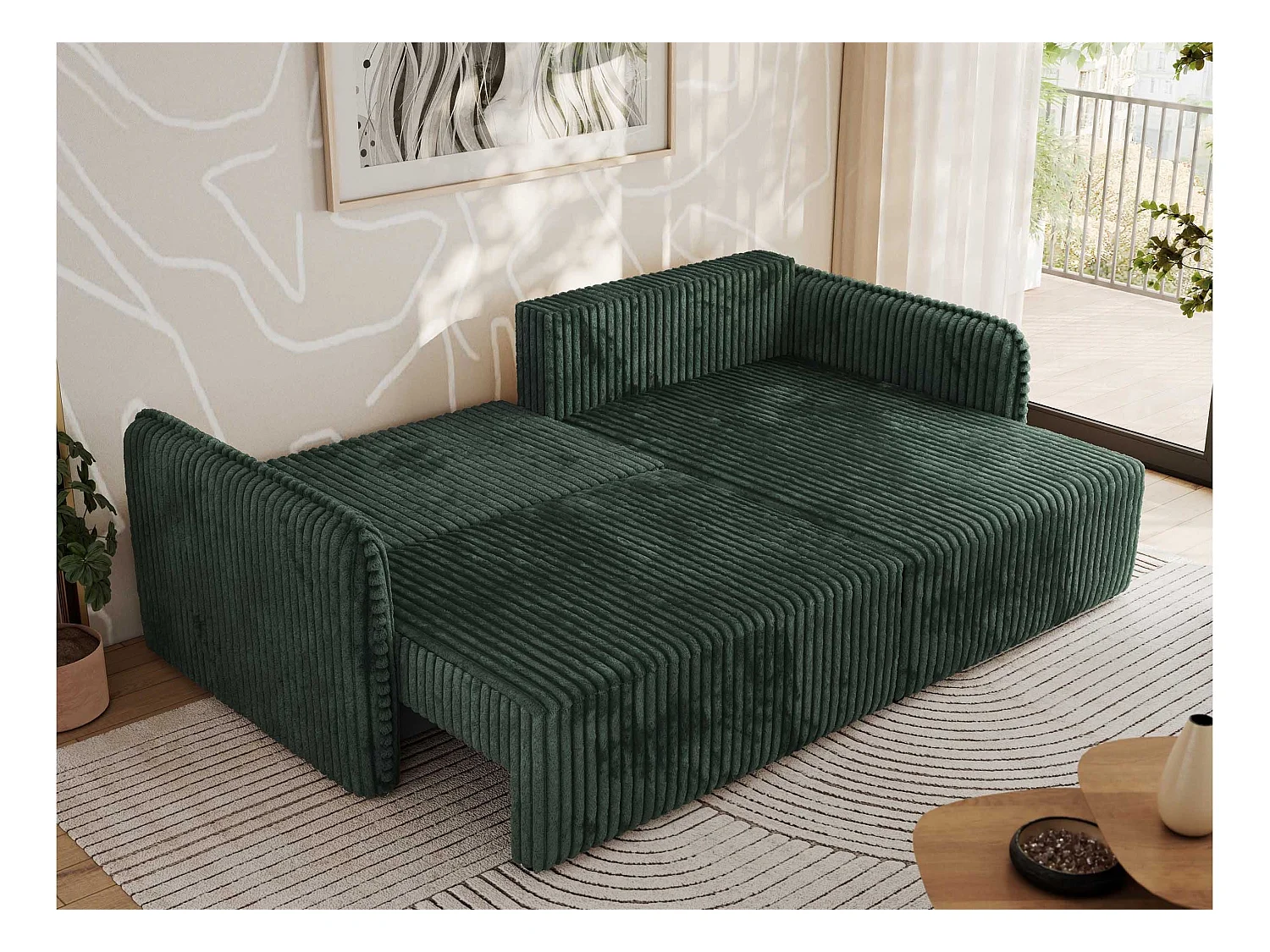 Ecksofa MESTO - Schlaffunktion und Bettkasten, L-form Couch für das Wohnzimmer, Armlehnen - Grün Cord - Ecke Rechts