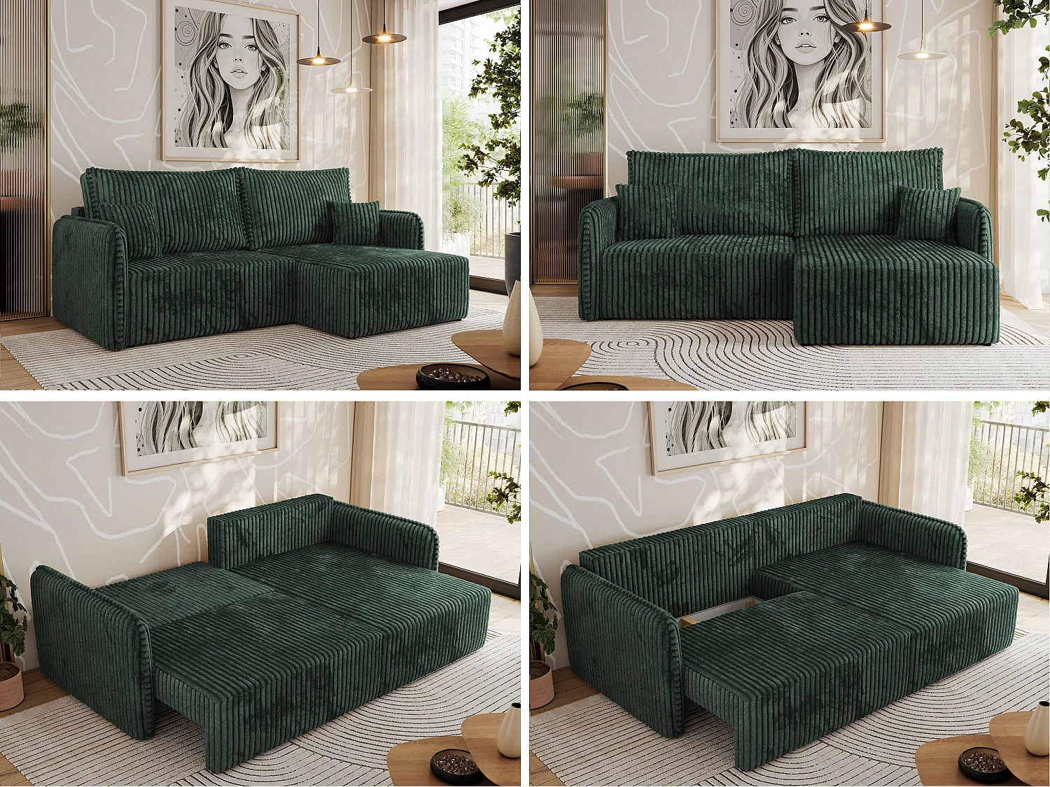 Ecksofa MESTO - Schlaffunktion und Bettkasten, L-form Couch für das Wohnzimmer, Armlehnen - Grün Cord - Ecke Rechts