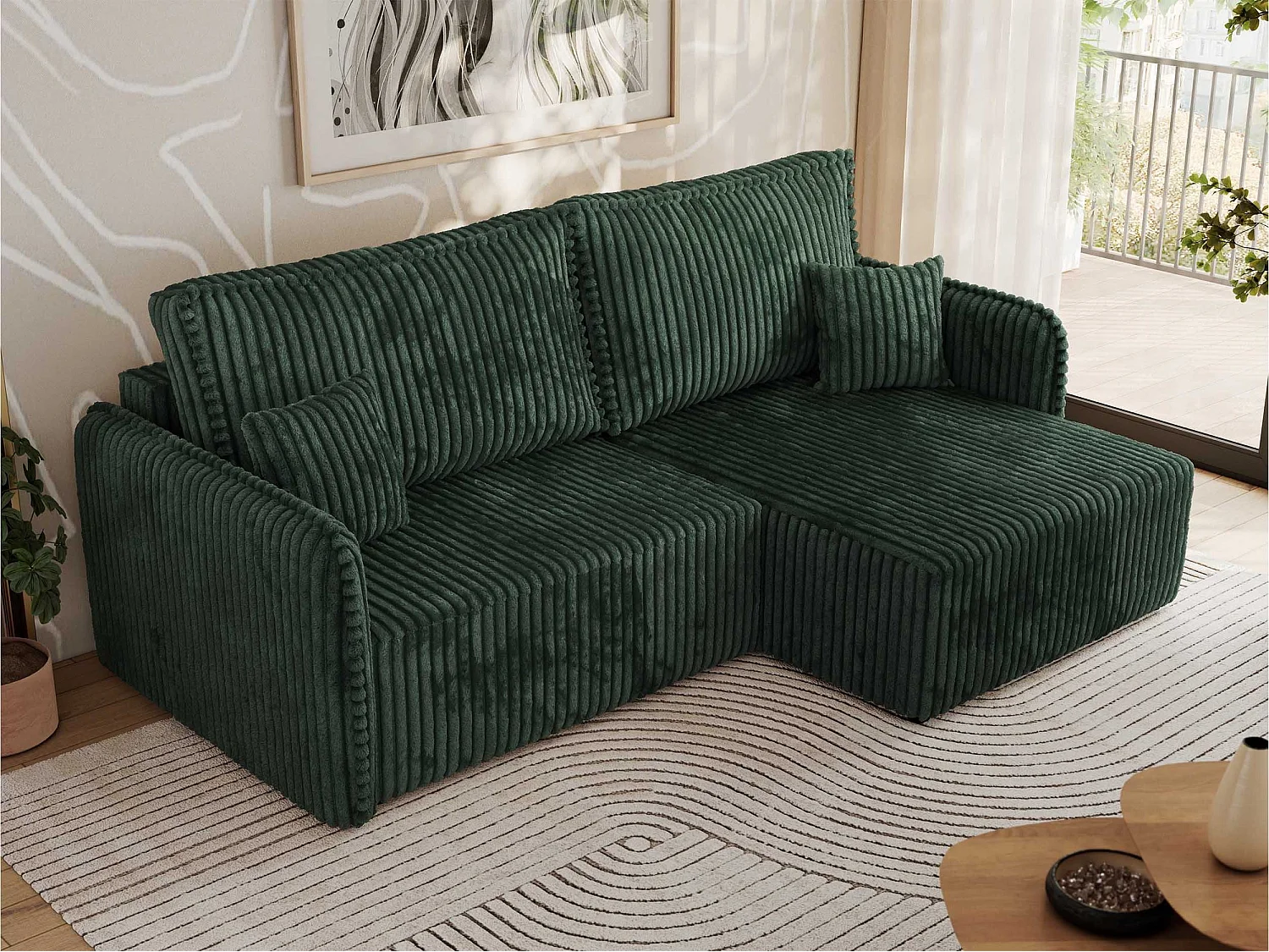 Ecksofa MESTO - Schlaffunktion und Bettkasten, L-form Couch für das Wohnzimmer, Armlehnen - Grün Cord - Ecke Rechts