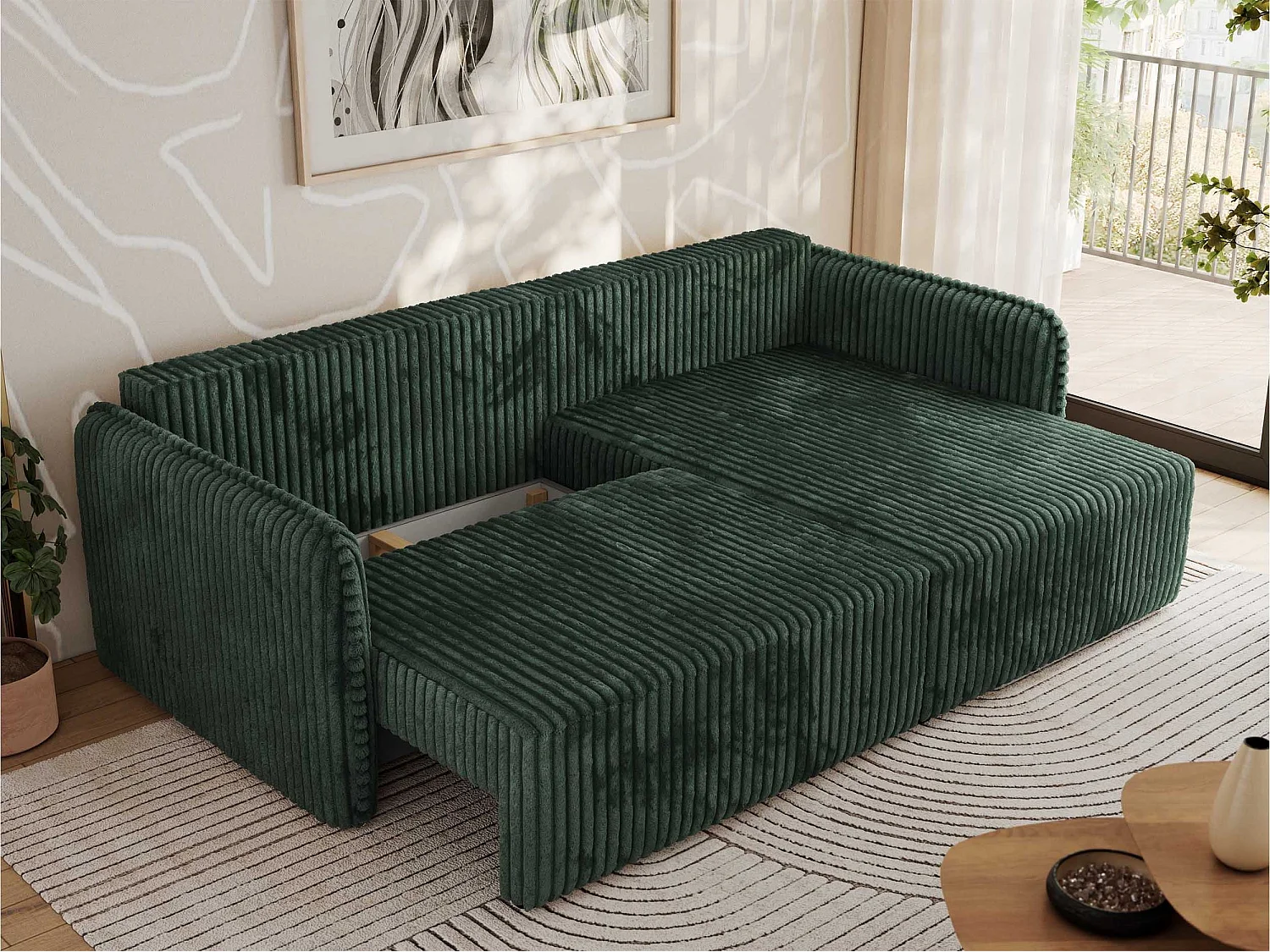 Ecksofa MESTO - Schlaffunktion und Bettkasten, L-form Couch für das Wohnzimmer, Armlehnen - Grün Cord - Ecke Rechts