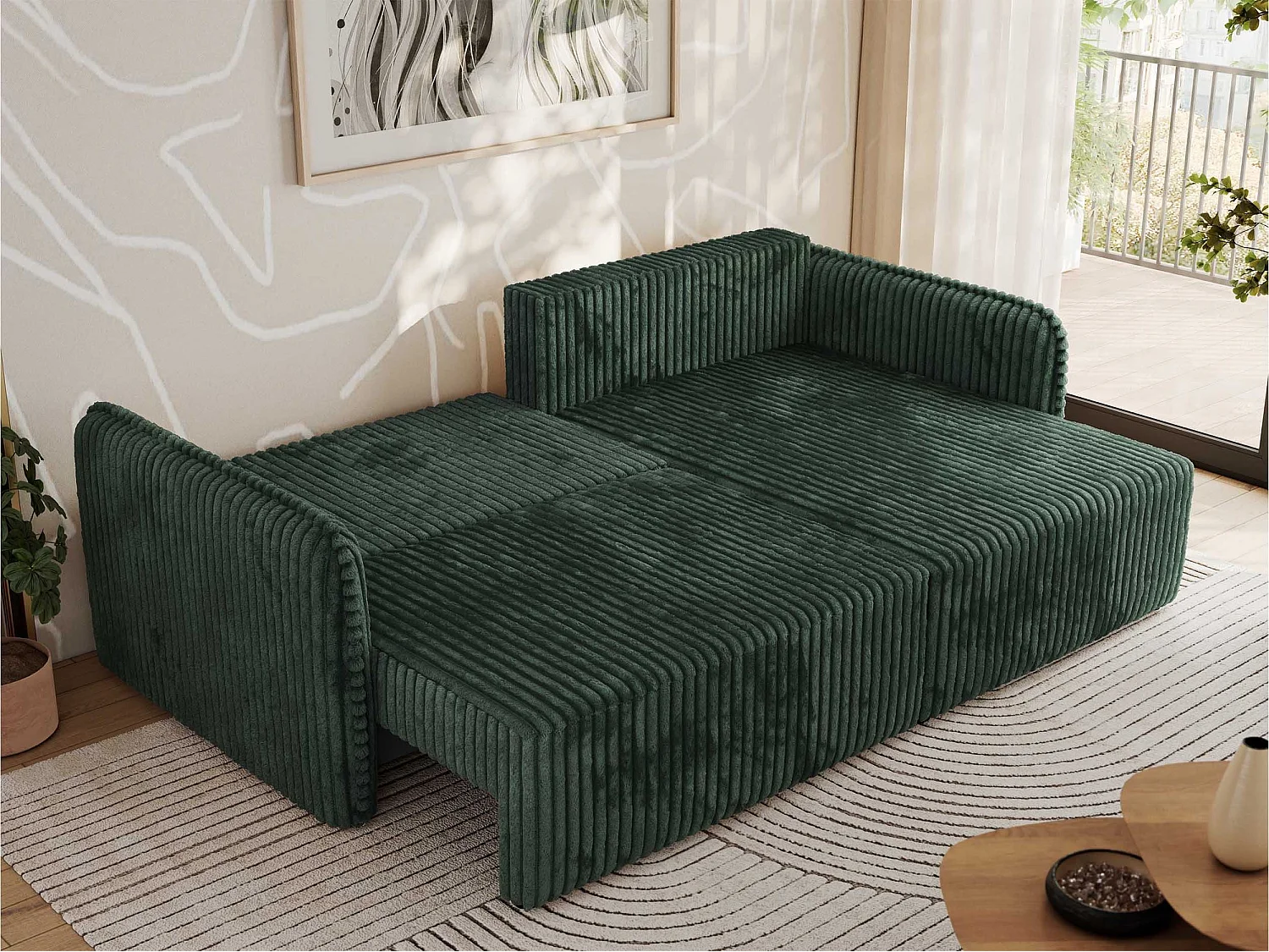 Ecksofa MESTO - Schlaffunktion und Bettkasten, L-form Couch für das Wohnzimmer, Armlehnen - Grün Cord - Ecke Rechts