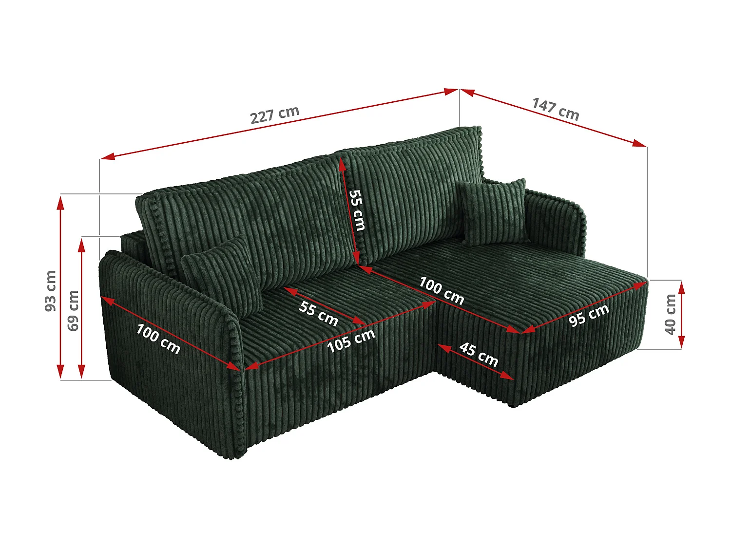 Ecksofa MESTO - Schlaffunktion und Bettkasten, L-form Couch für das Wohnzimmer, Armlehnen - Grün Cord - Ecke Rechts