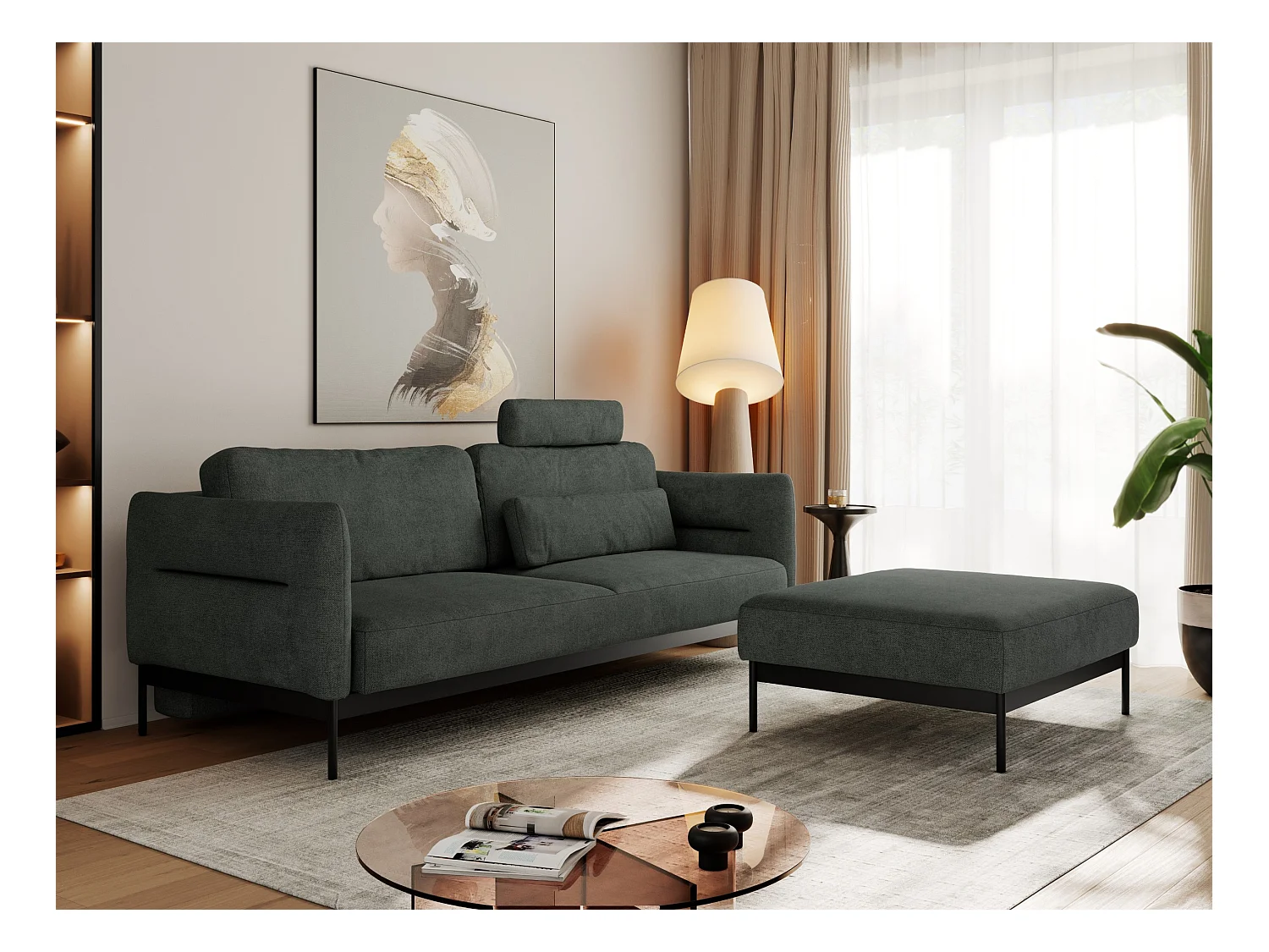 Ecksofa SALENTO - mit Metallbeine, Schlafsofa, mobilen Fußhocker, lose Kissen - Dunkelgrau Struktur