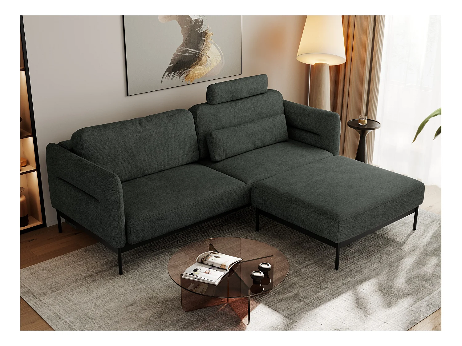 Ecksofa SALENTO - mit Metallbeine, Schlafsofa, mobilen Fußhocker, lose Kissen - Dunkelgrau Struktur