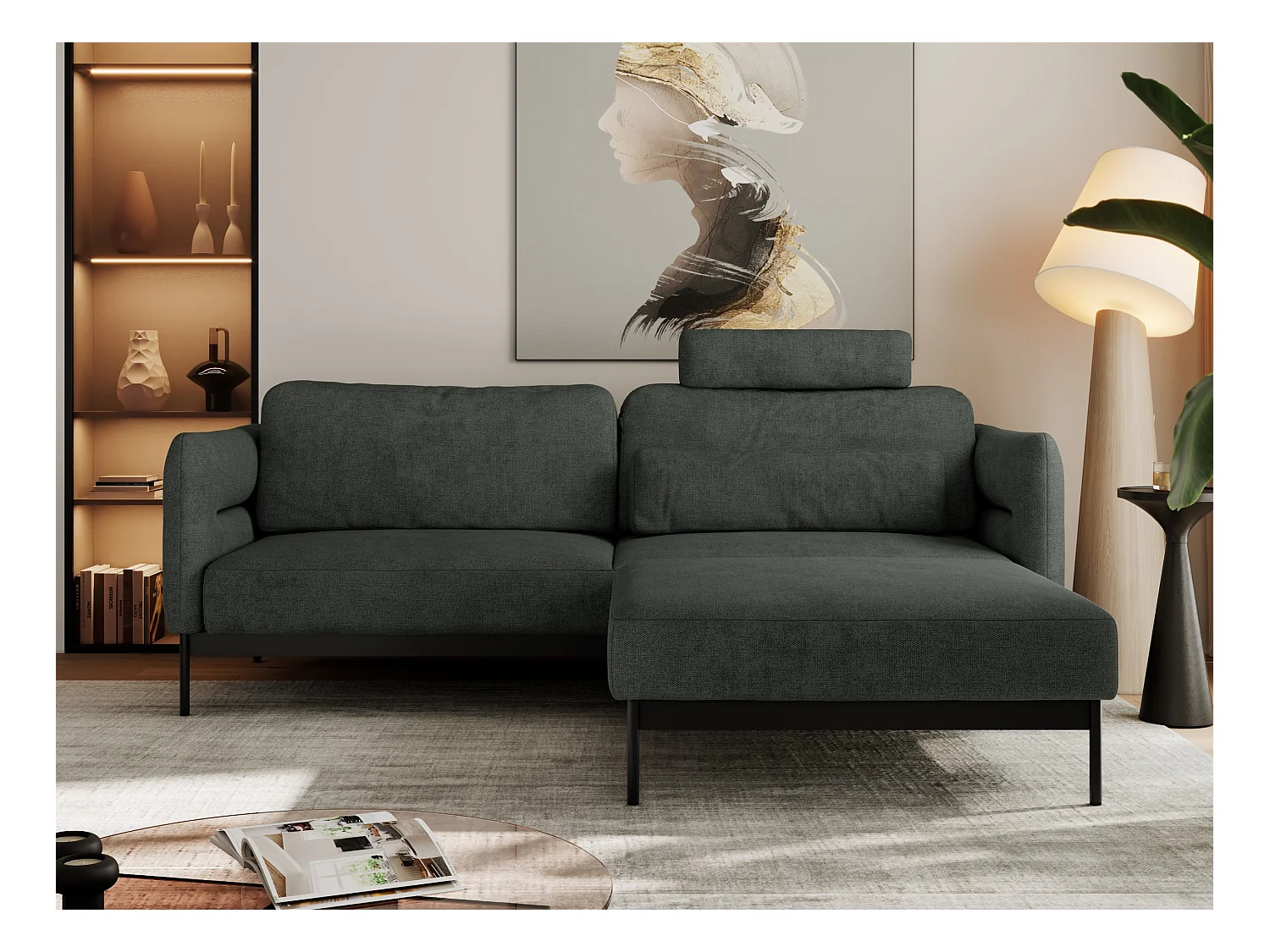 Ecksofa SALENTO - mit Metallbeine, Schlafsofa, mobilen Fußhocker, lose Kissen - Dunkelgrau Struktur