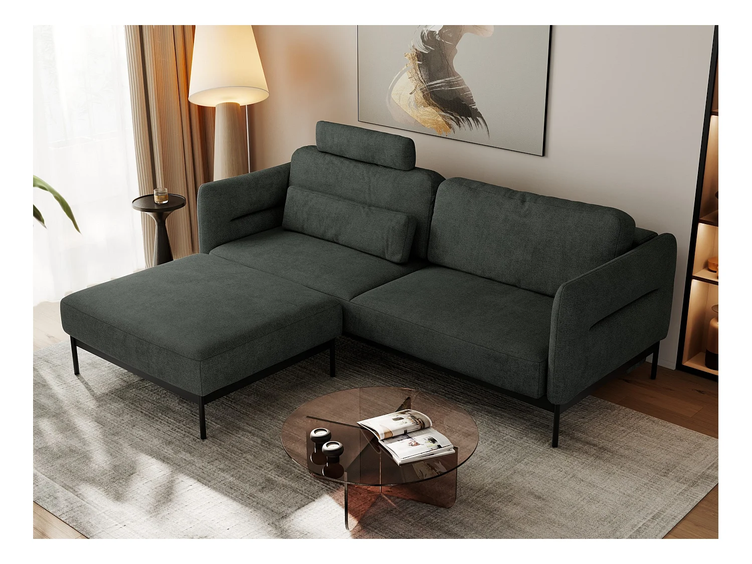 Ecksofa SALENTO - mit Metallbeine, Schlafsofa, mobilen Fußhocker, lose Kissen - Dunkelgrau Struktur