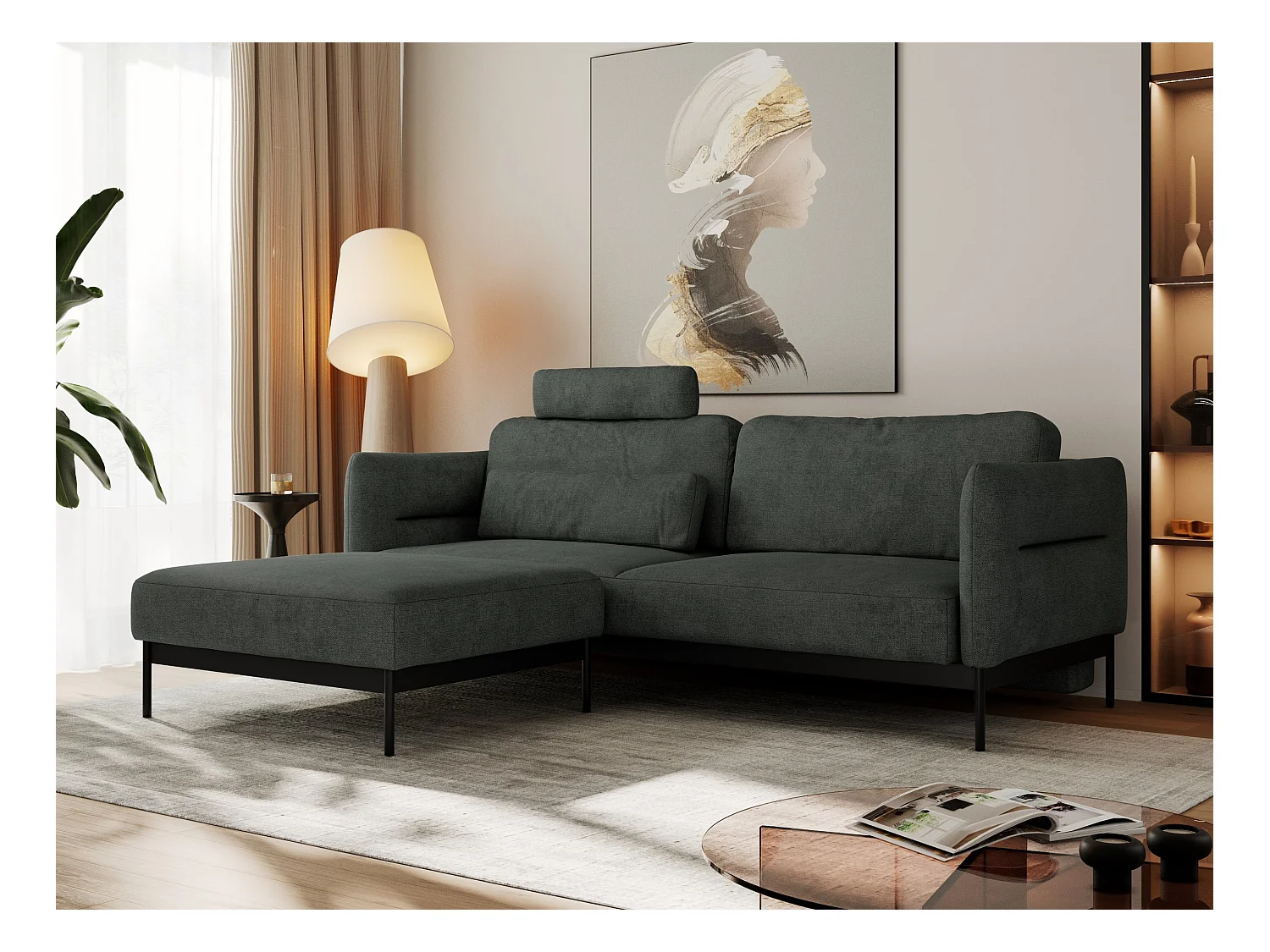Ecksofa SALENTO - mit Metallbeine, Schlafsofa, mobilen Fußhocker, lose Kissen - Dunkelgrau Struktur