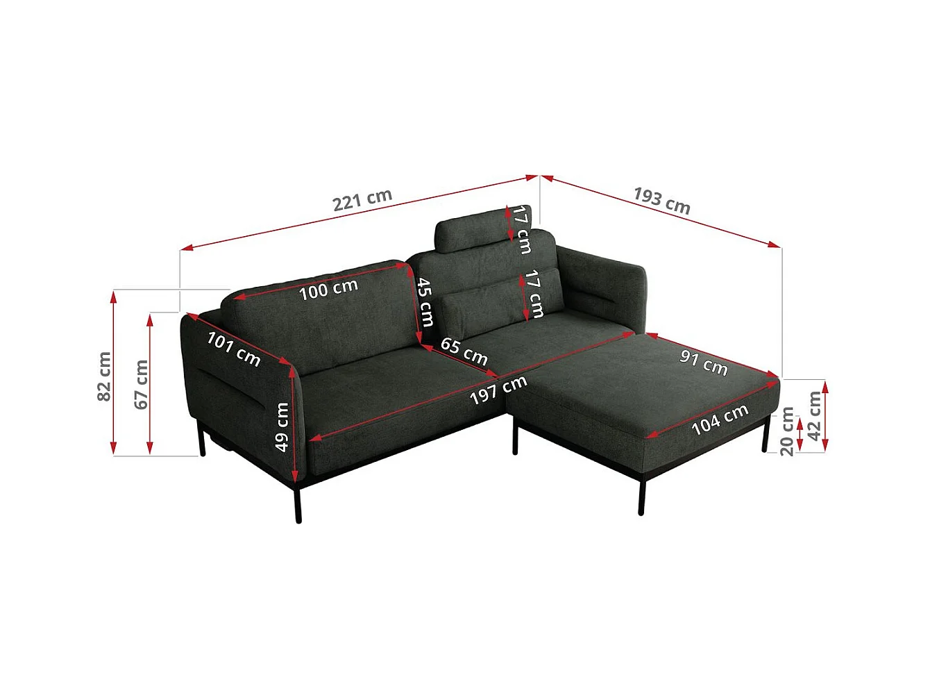 Ecksofa SALENTO - mit Metallbeine, Schlafsofa, mobilen Fußhocker, lose Kissen - Dunkelgrau Struktur