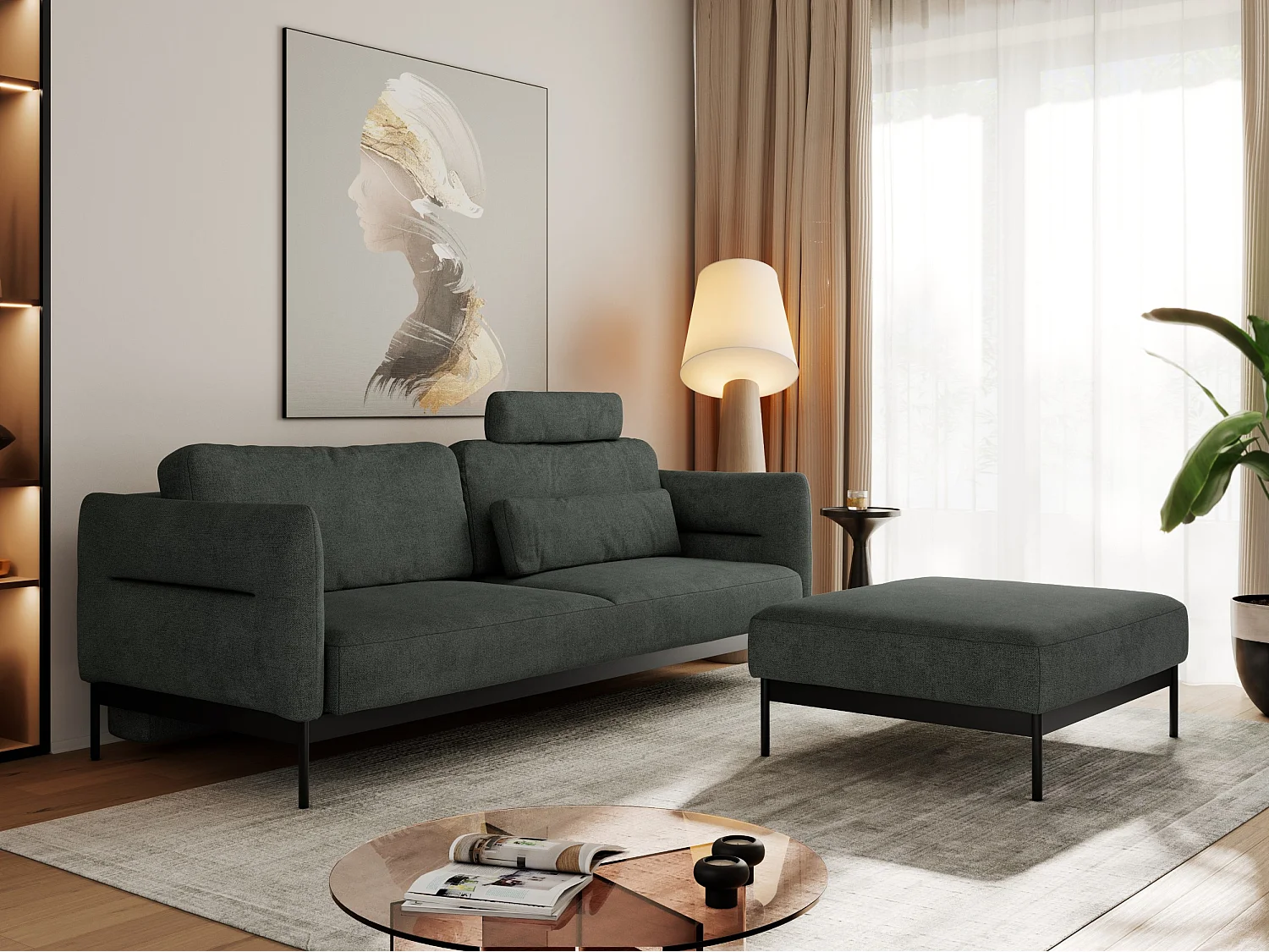 Ecksofa SALENTO - mit Metallbeine, Schlafsofa, mobilen Fußhocker, lose Kissen - Dunkelgrau Struktur