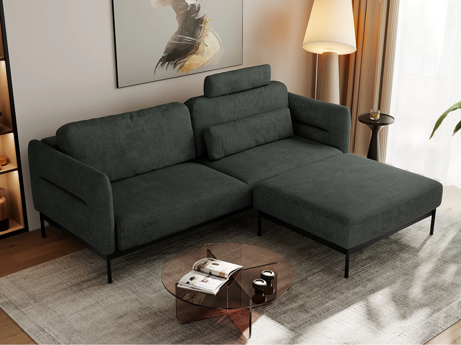 Ecksofa SALENTO - mit Metallbeine, Schlafsofa, mobilen Fußhocker, lose Kissen - Dunkelgrau Struktur