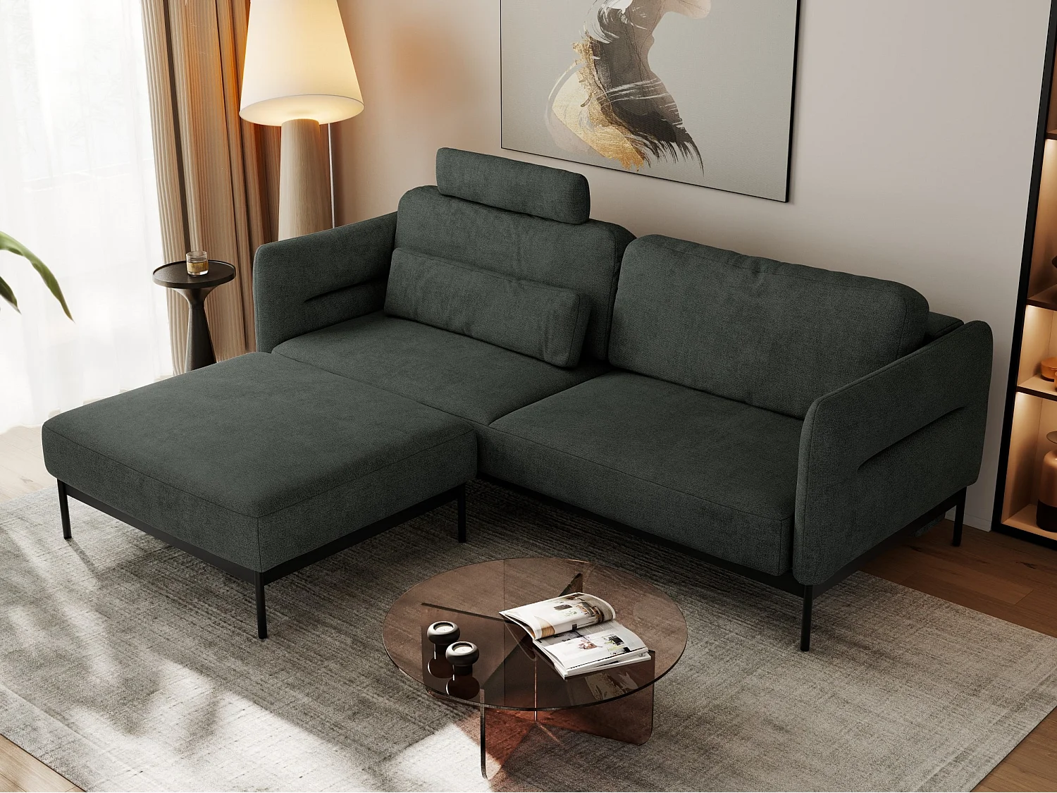 Ecksofa SALENTO - mit Metallbeine, Schlafsofa, mobilen Fußhocker, lose Kissen - Dunkelgrau Struktur