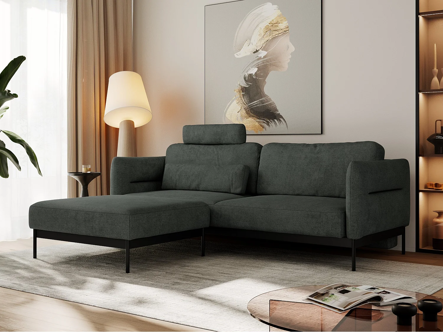 Ecksofa SALENTO - mit Metallbeine, Schlafsofa, mobilen Fußhocker, lose Kissen - Dunkelgrau Struktur