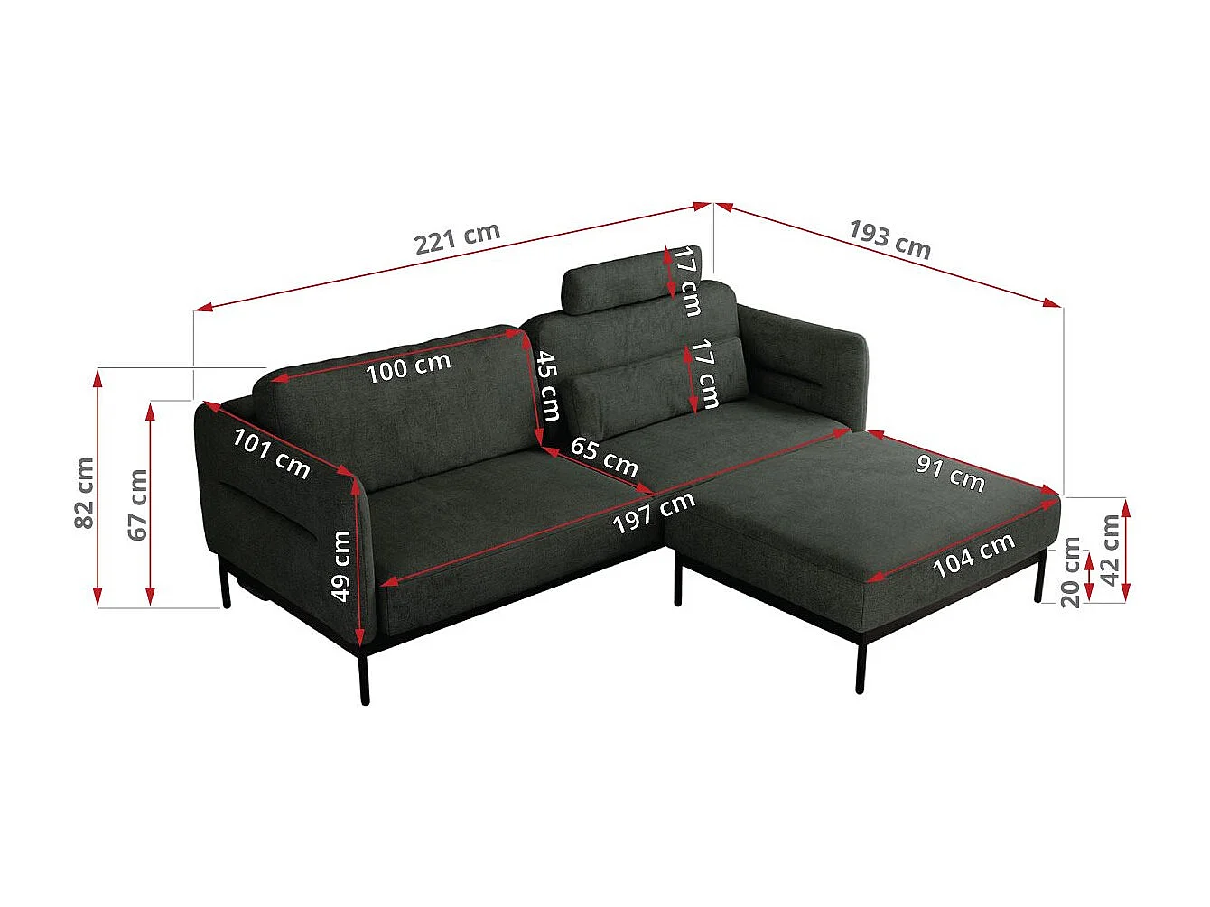 Ecksofa SALENTO - mit Metallbeine, Schlafsofa, mobilen Fußhocker, lose Kissen - Dunkelgrau Struktur