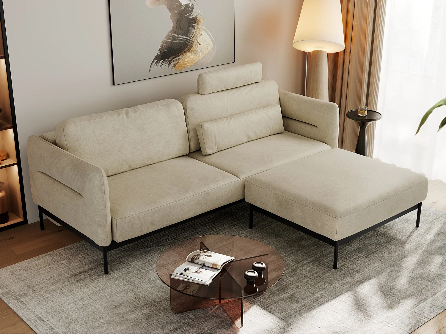 Ecksofa SALENTO - mit Metallbeine, Schlafsofa, mobilen Fußhocker, lose Kissen - Beige Velvet