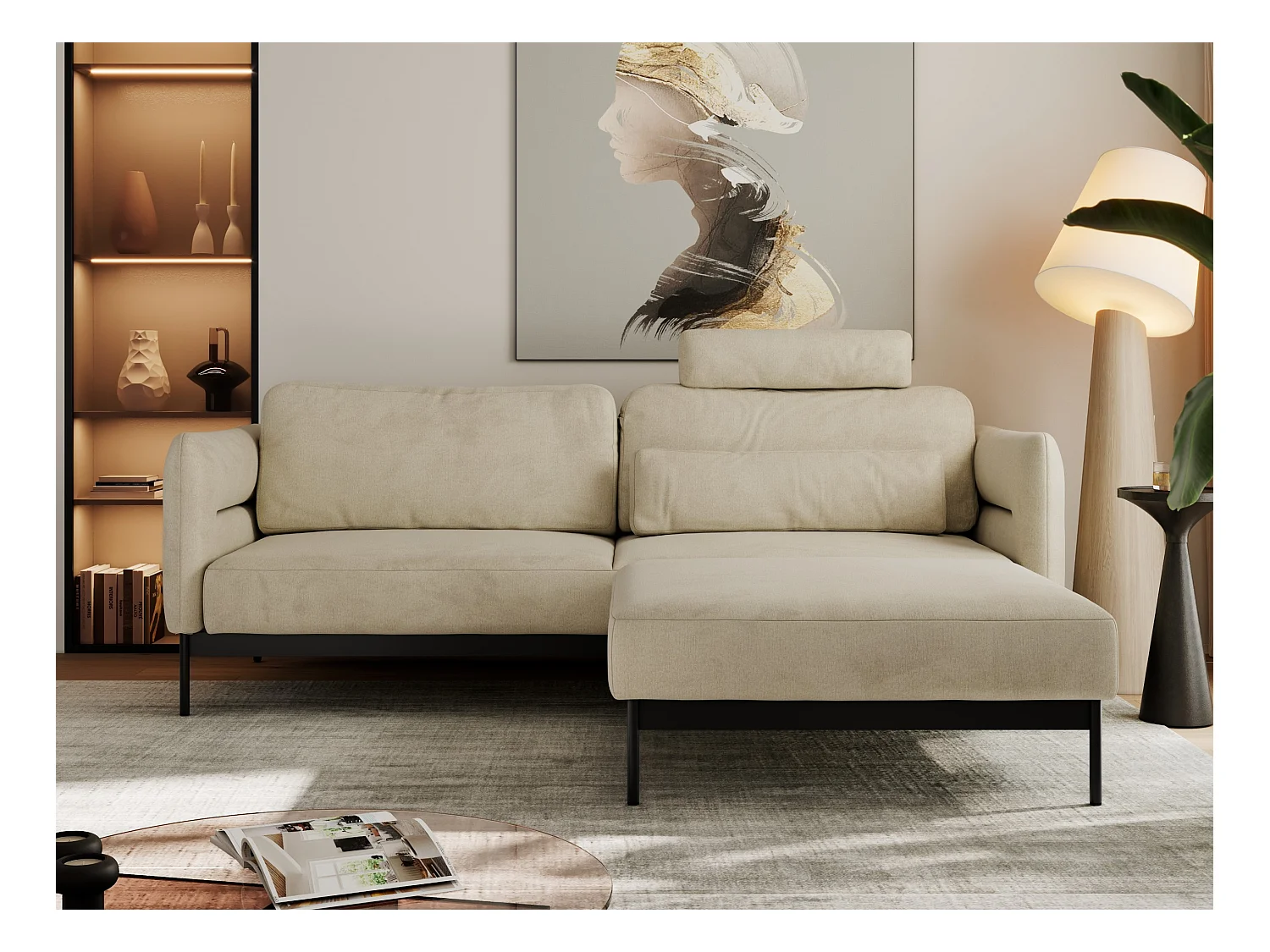 Ecksofa SALENTO - mit Metallbeine, Schlafsofa, mobilen Fußhocker, lose Kissen - Beige Velvet