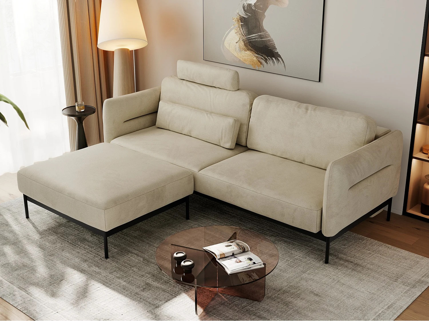Ecksofa SALENTO - mit Metallbeine, Schlafsofa, mobilen Fußhocker, lose Kissen - Beige Velvet