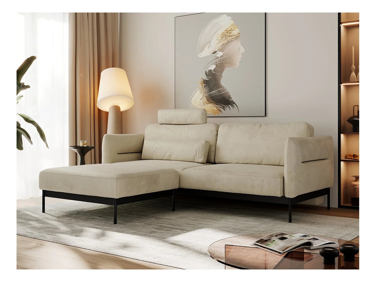 Ecksofa SALENTO - mit Metallbeine, Schlafsofa, mobilen Fußhocker, lose Kissen - Beige Velvet