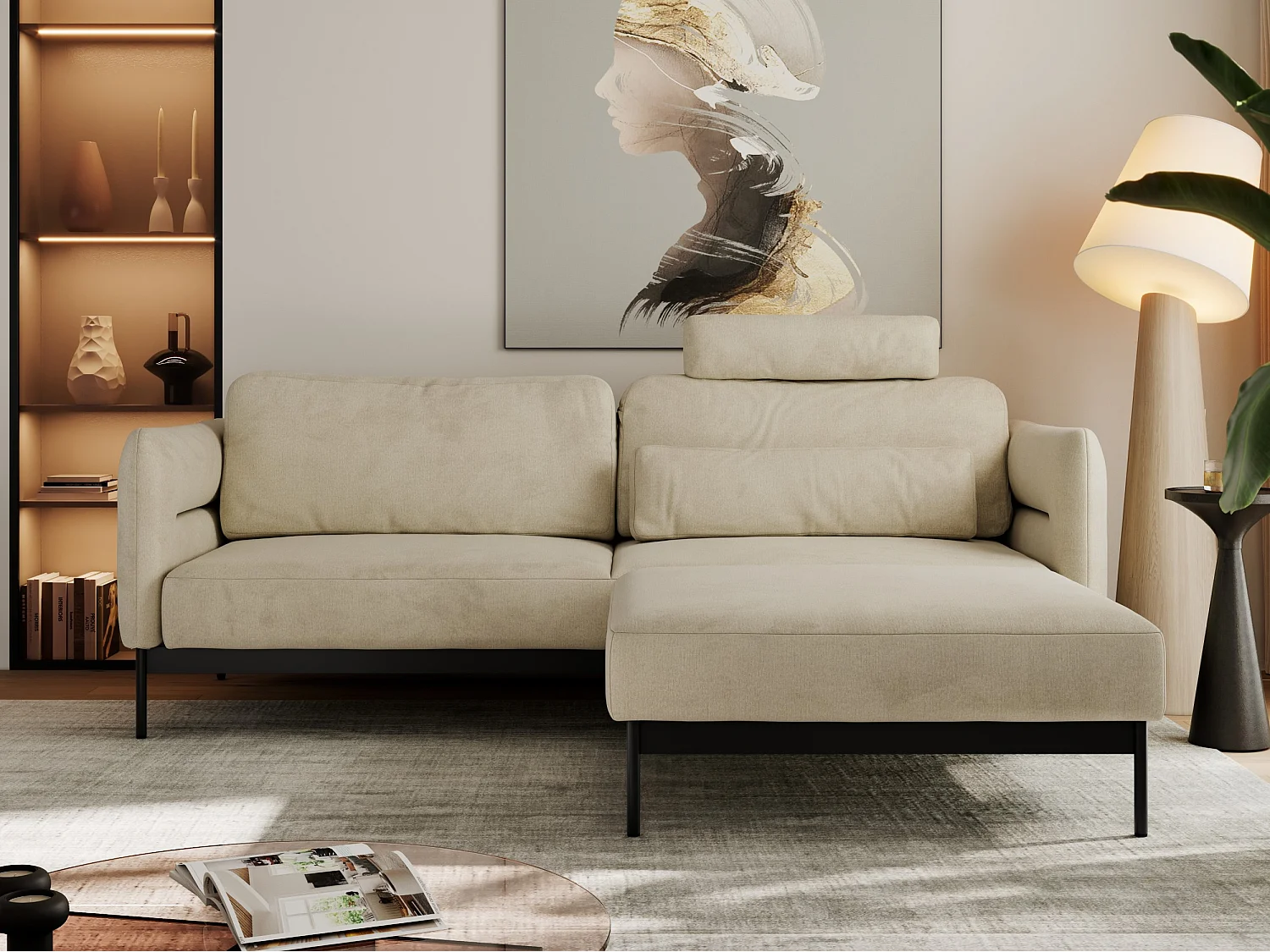 Ecksofa SALENTO - mit Metallbeine, Schlafsofa, mobilen Fußhocker, lose Kissen - Beige Velvet